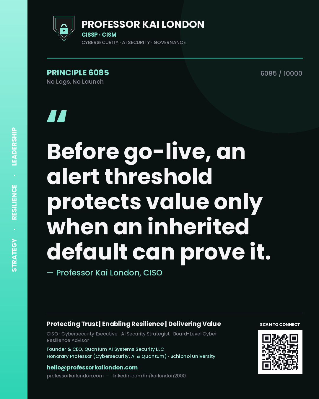 Professor Kai London principle 6085: Before go-live, an alert threshold protects value only when an inherited default can prove it.