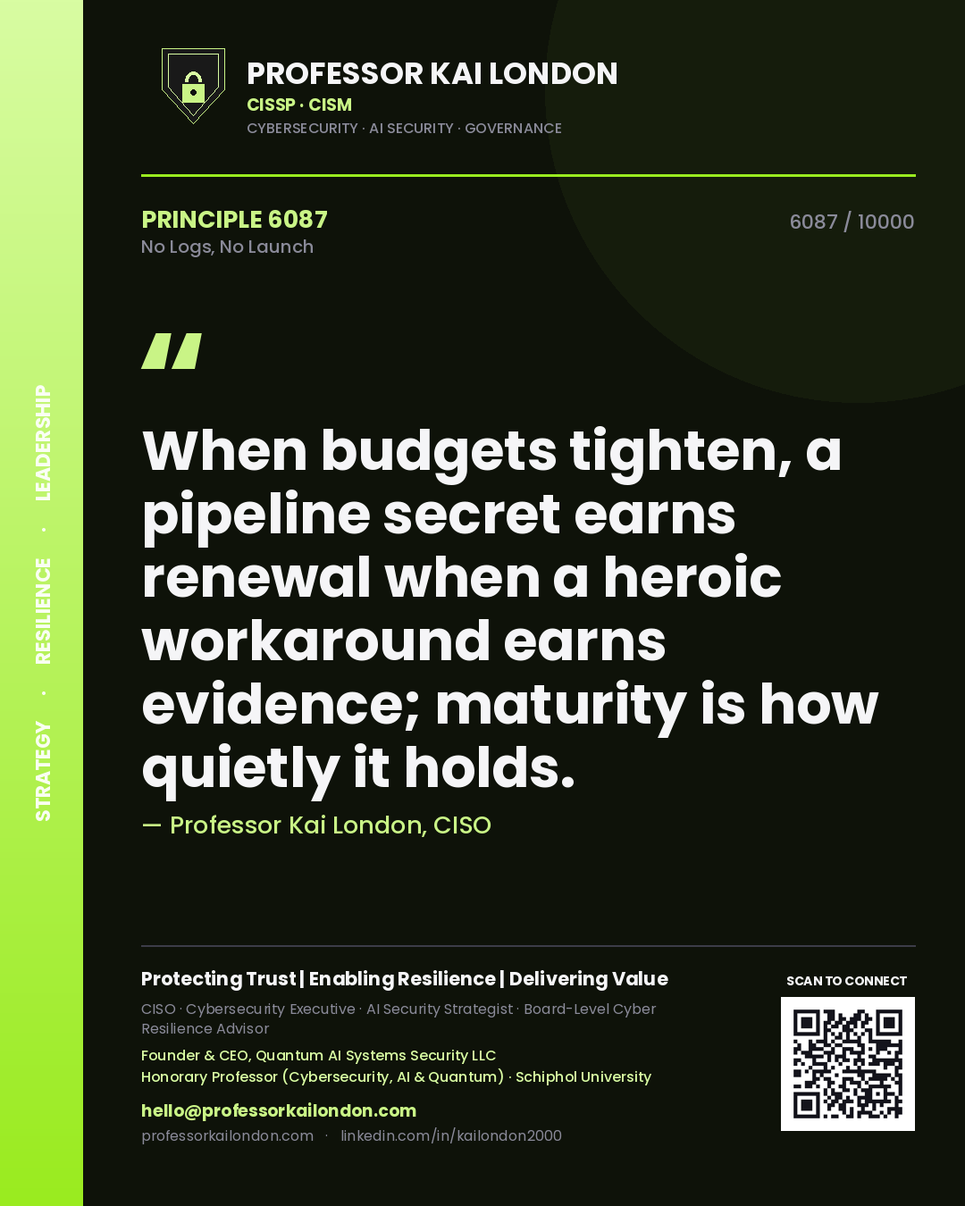 Professor Kai London principle 6087: When budgets tighten, a pipeline secret earns renewal when a heroic workaround earns evidence; maturity is how quietly it holds.