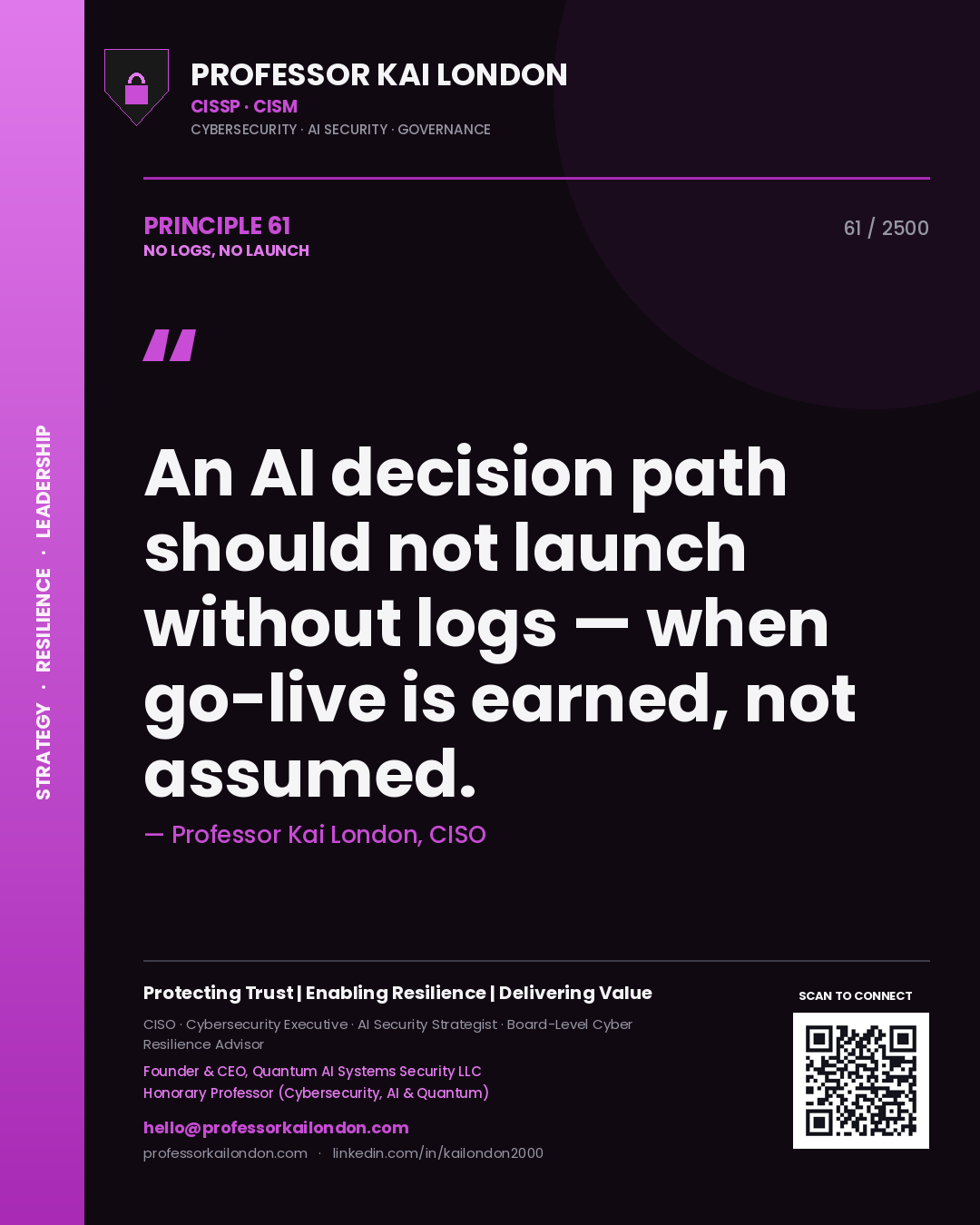 Professor Kai London principle 61: An AI decision path should not launch without logs — when go-live is earned, not assumed.