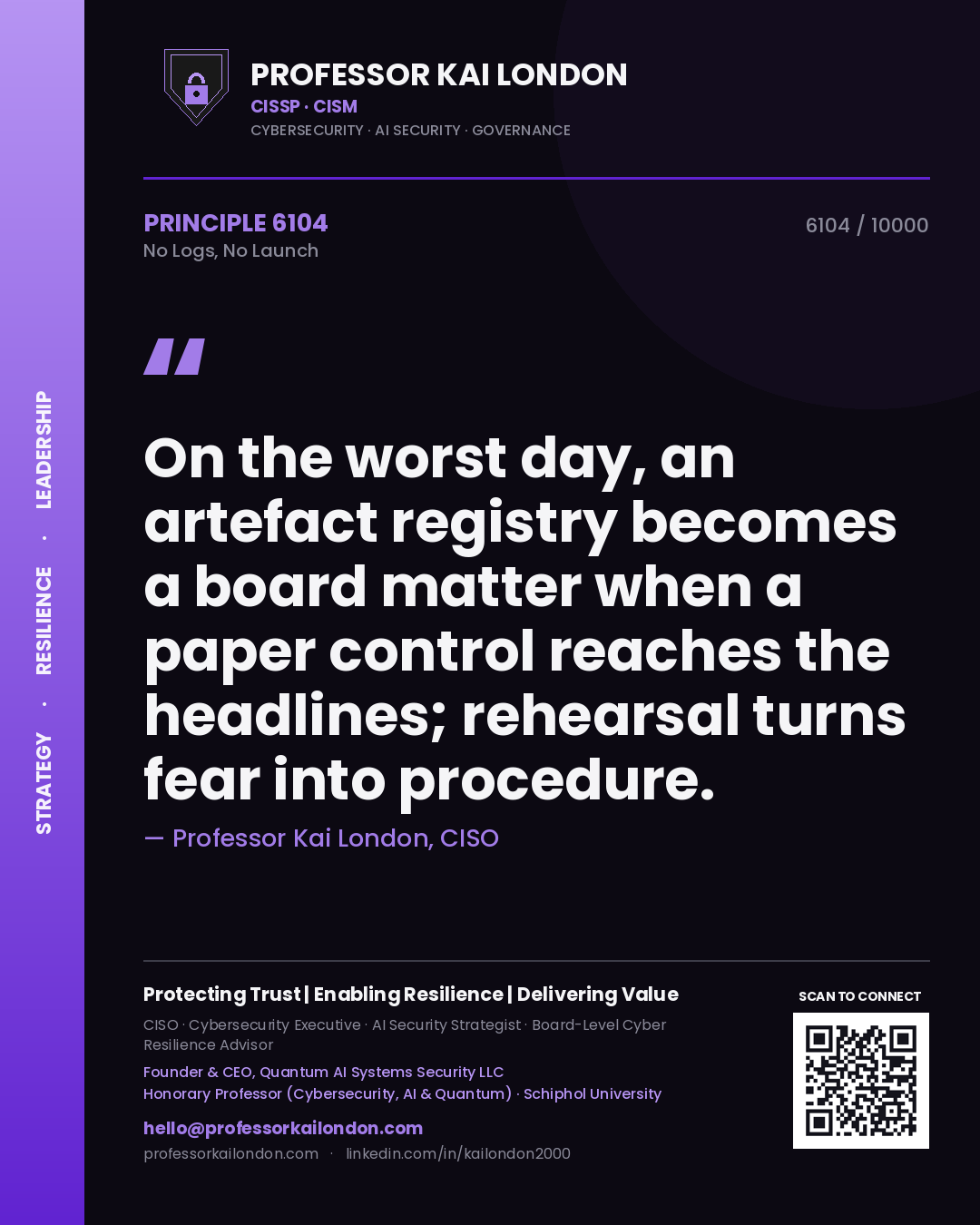 Professor Kai London principle 6104: On the worst day, an artefact registry becomes a board matter when a paper control reaches the headlines; rehearsal turns fear into procedure.
