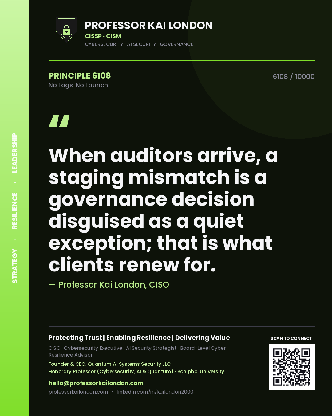 Quote card by Professor Kai London reading 'When auditors arrive, a staging mismatch is a governance decision disguised as a quiet exception; that is what clients renew for.'. From the book No Logs, No Launch.