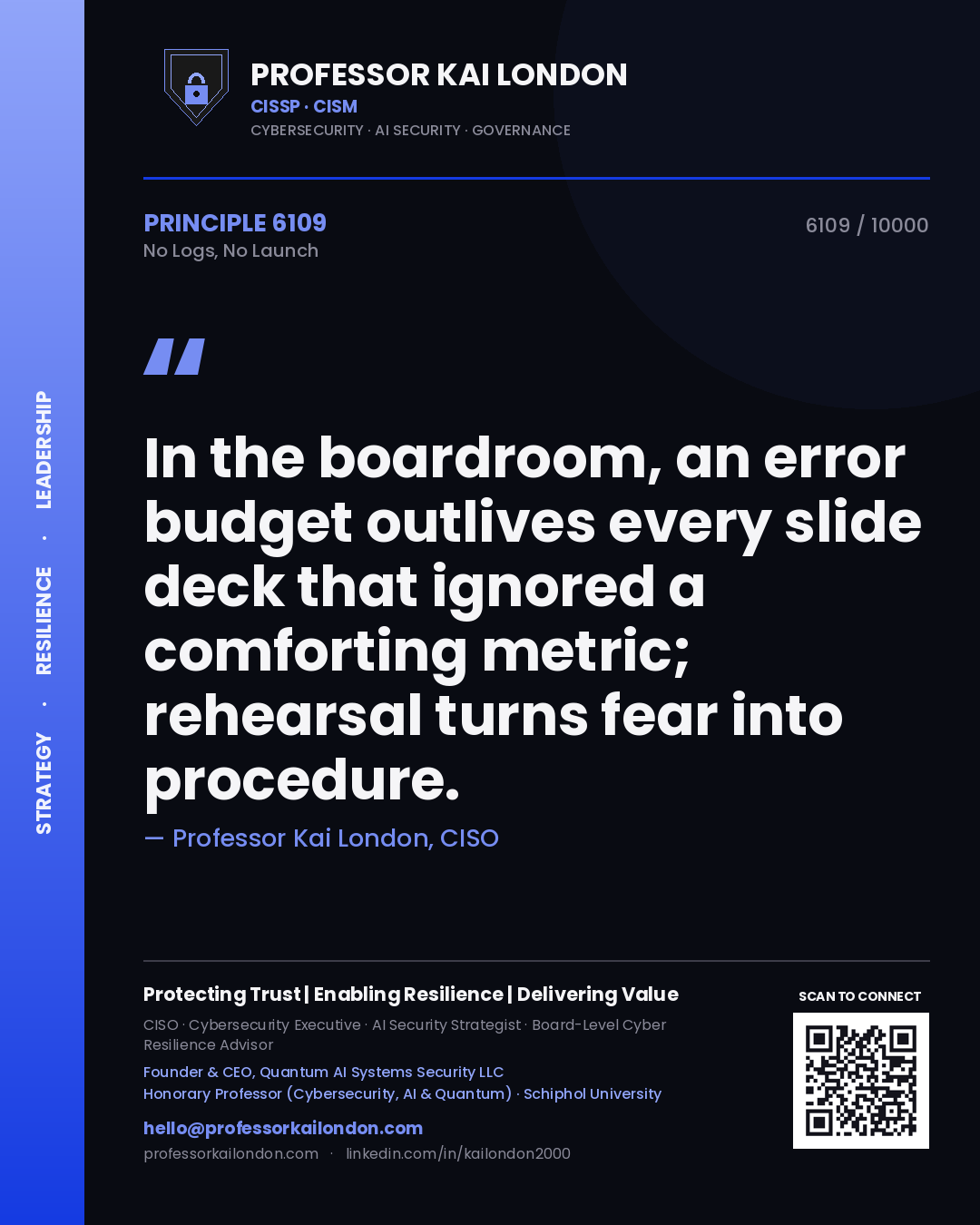 Quote card by Professor Kai London reading 'In the boardroom, an error budget outlives every slide deck that ignored a comforting metric; rehearsal turns fear into procedure.'. From the book No Logs, No Launch.