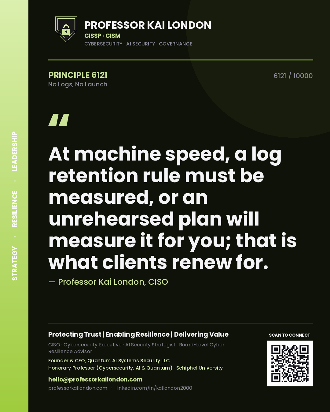 Professor Kai London principle 6121: At machine speed, a log retention rule must be measured, or an unrehearsed plan will measure it for you; that is what clients renew for.