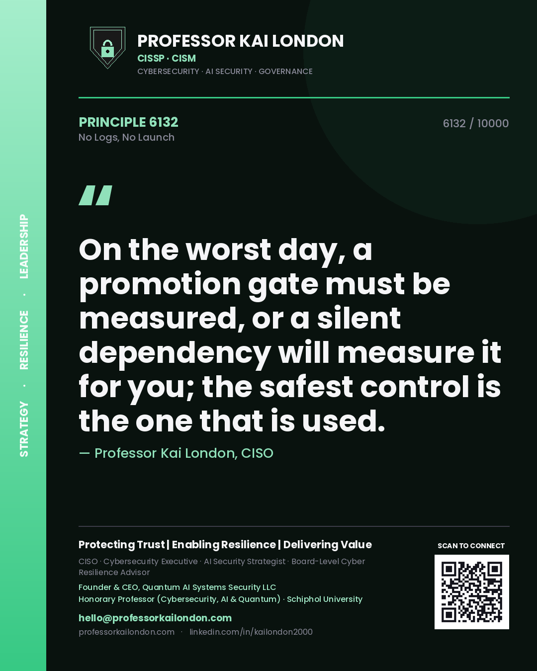 Quote card by Professor Kai London reading 'On the worst day, a promotion gate must be measured, or a silent dependency will measure it for you; the safest control is the one that is used.'. From the book No Logs, No Launch.