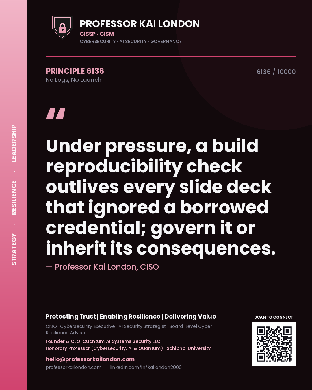 Professor Kai London principle 6136: Under pressure, a build reproducibility check outlives every slide deck that ignored a borrowed credential; govern it or inherit its consequences.
