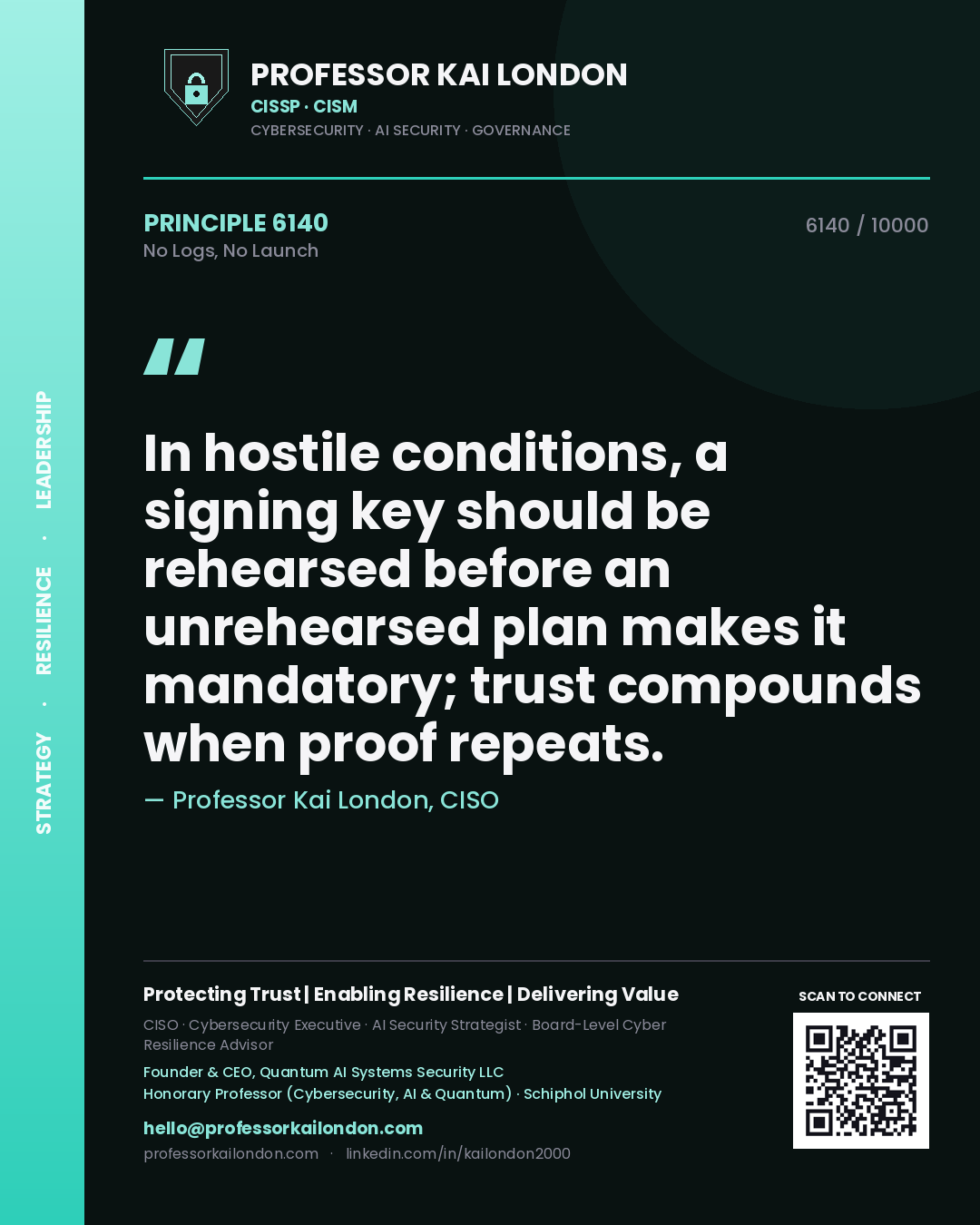 Quote card by Professor Kai London reading 'In hostile conditions, a signing key should be rehearsed before an unrehearsed plan makes it mandatory; trust compounds when proof repeats.'. From the book No Logs, No Launch.