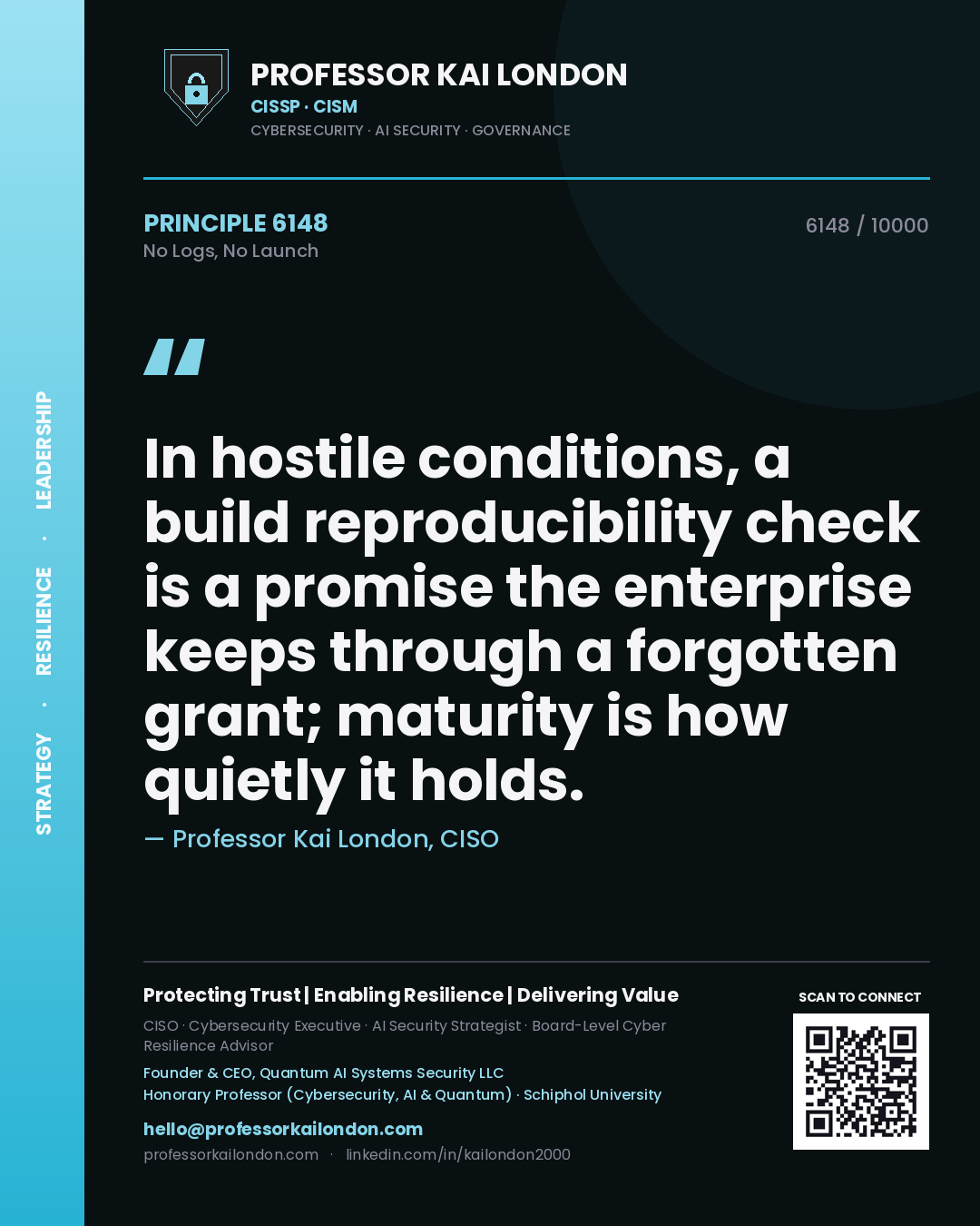 Professor Kai London principle 6148: In hostile conditions, a build reproducibility check is a promise the enterprise keeps through a forgotten grant; maturity is how quietly it holds.