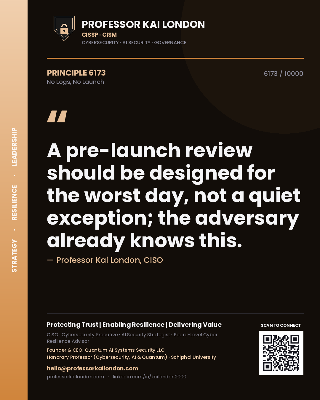 Professor Kai London principle 6173: A pre-launch review should be designed for the worst day, not a quiet exception; the adversary already knows this.