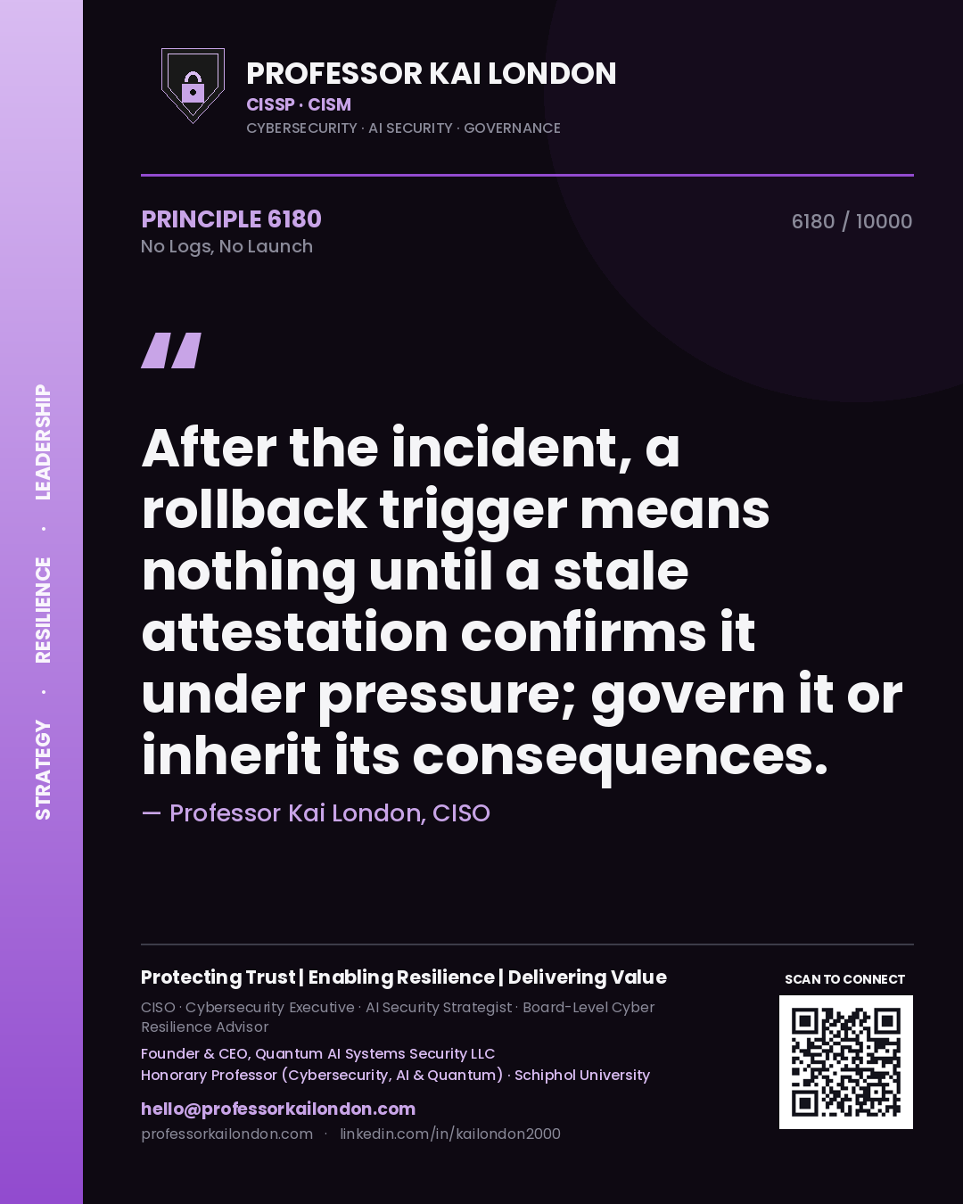 Quote card by Professor Kai London reading 'After the incident, a rollback trigger means nothing until a stale attestation confirms it under pressure; govern it or inherit its consequences.'. From the book No Logs, No Launch.