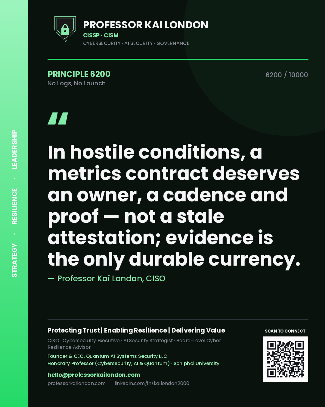 Professor Kai London principle 6200: In hostile conditions, a metrics contract deserves an owner, a cadence and proof — not a stale attestation; evidence is the only durable currency.