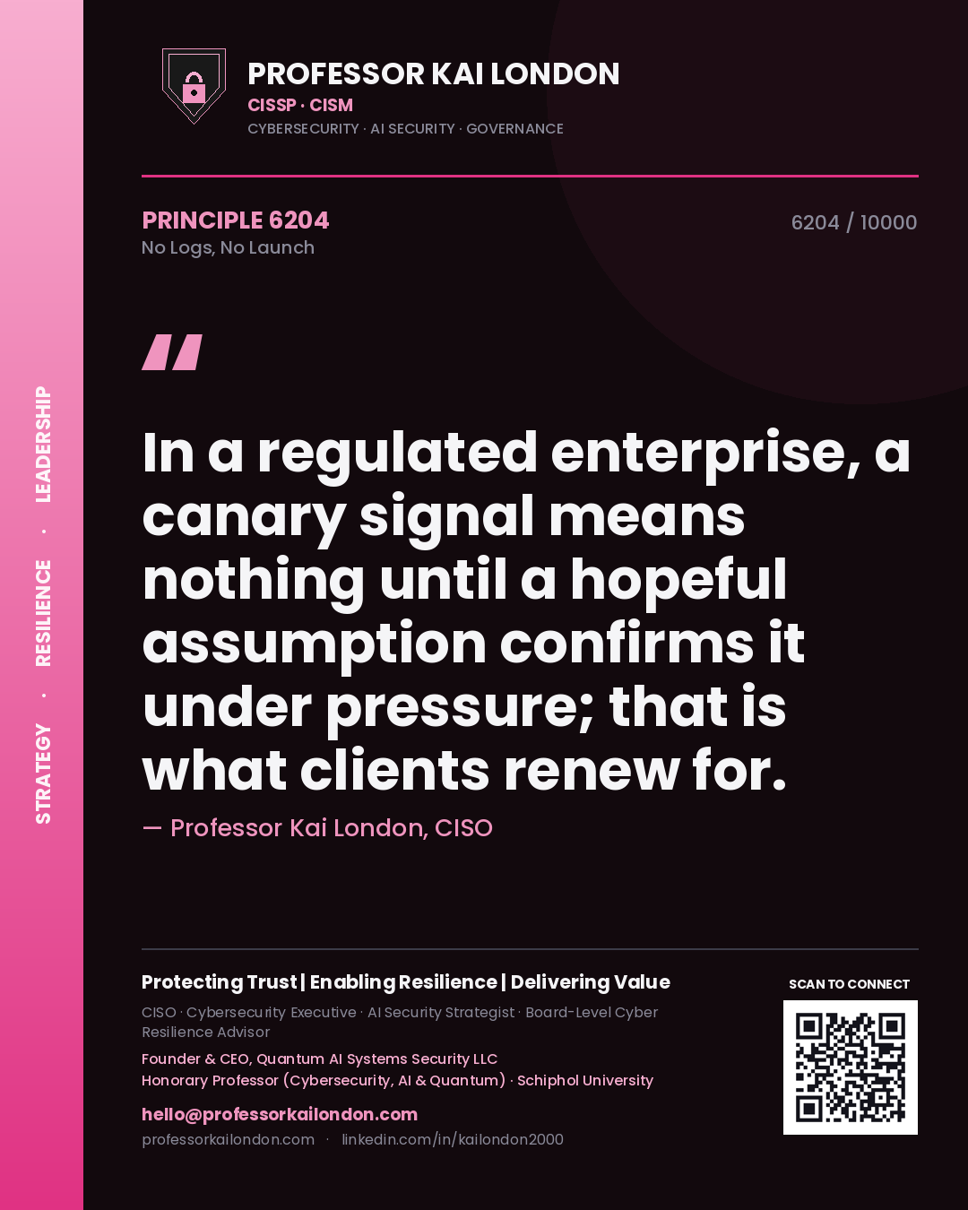 Quote card by Professor Kai London reading 'In a regulated enterprise, a canary signal means nothing until a hopeful assumption confirms it under pressure; that is what clients renew for.'. From the book No Logs, No Launch.
