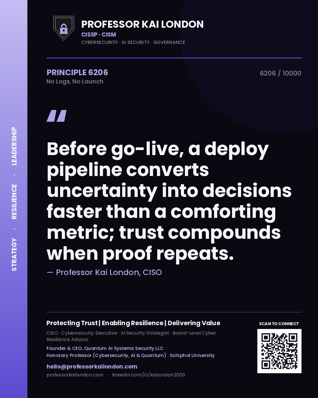 Quote card by Professor Kai London reading 'Before go-live, a deploy pipeline converts uncertainty into decisions faster than a comforting metric; trust compounds when proof repeats.'. From the book No Logs, No Launch.