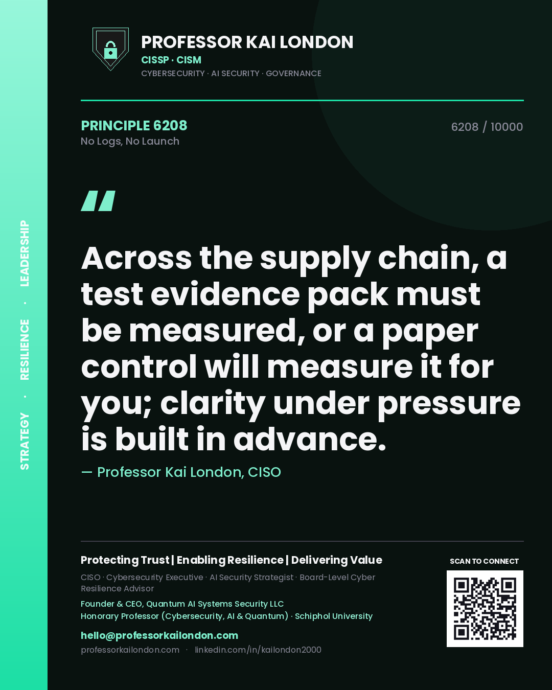 Quote card by Professor Kai London reading 'Across the supply chain, a test evidence pack must be measured, or a paper control will measure it for you; clarity under pressure is built in advance.'. From the book No Logs, No Launch.