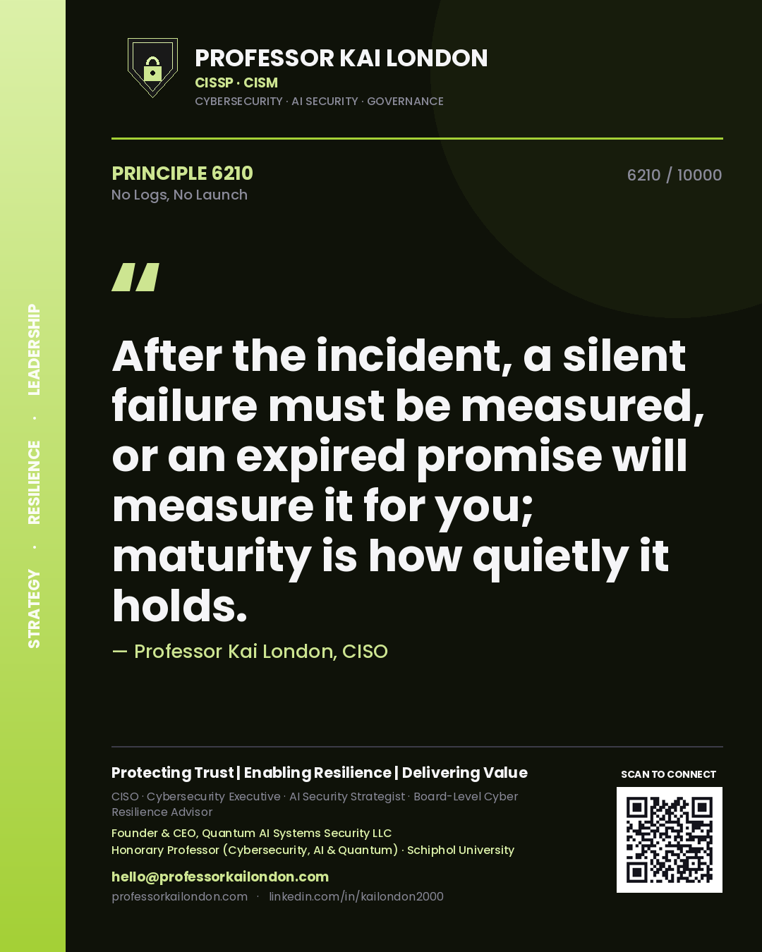 Quote card by Professor Kai London reading 'After the incident, a silent failure must be measured, or an expired promise will measure it for you; maturity is how quietly it holds.'. From the book No Logs, No Launch.