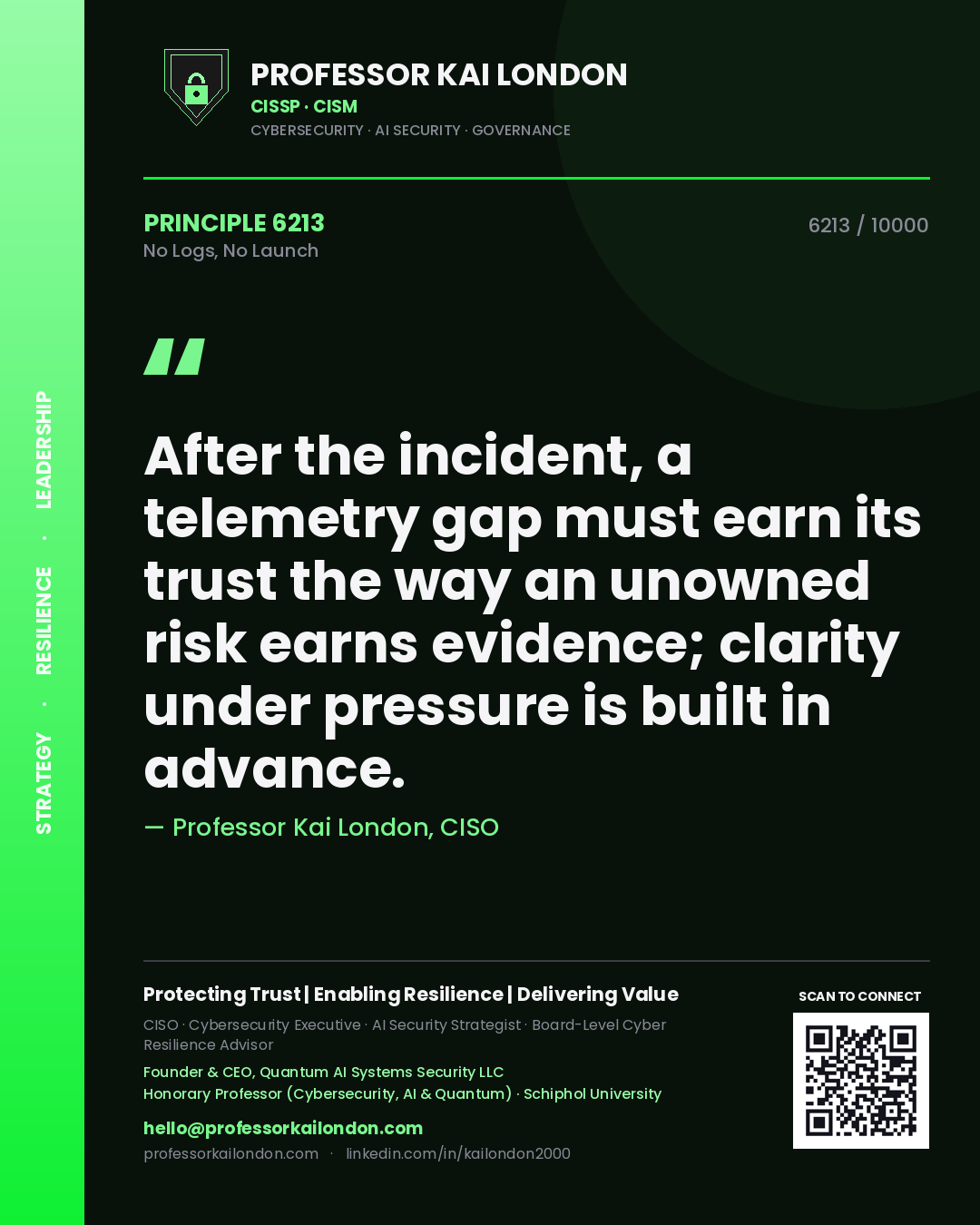 Professor Kai London principle 6213: After the incident, a telemetry gap must earn its trust the way an unowned risk earns evidence; clarity under pressure is built in advance.