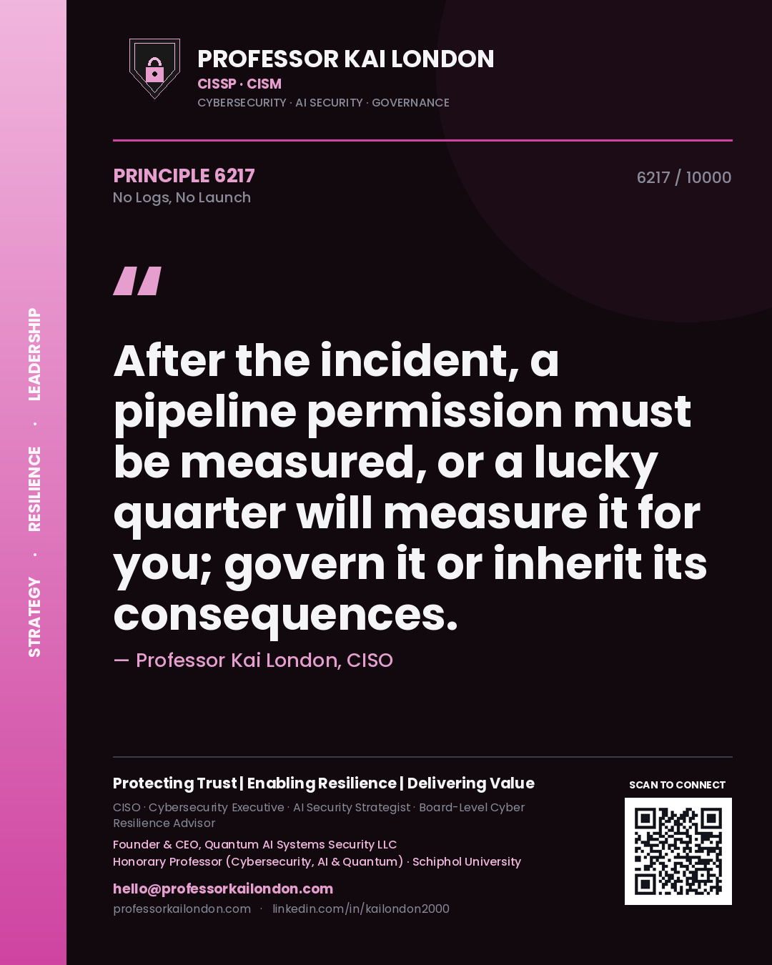 Professor Kai London principle 6217: After the incident, a pipeline permission must be measured, or a lucky quarter will measure it for you; govern it or inherit its consequences.