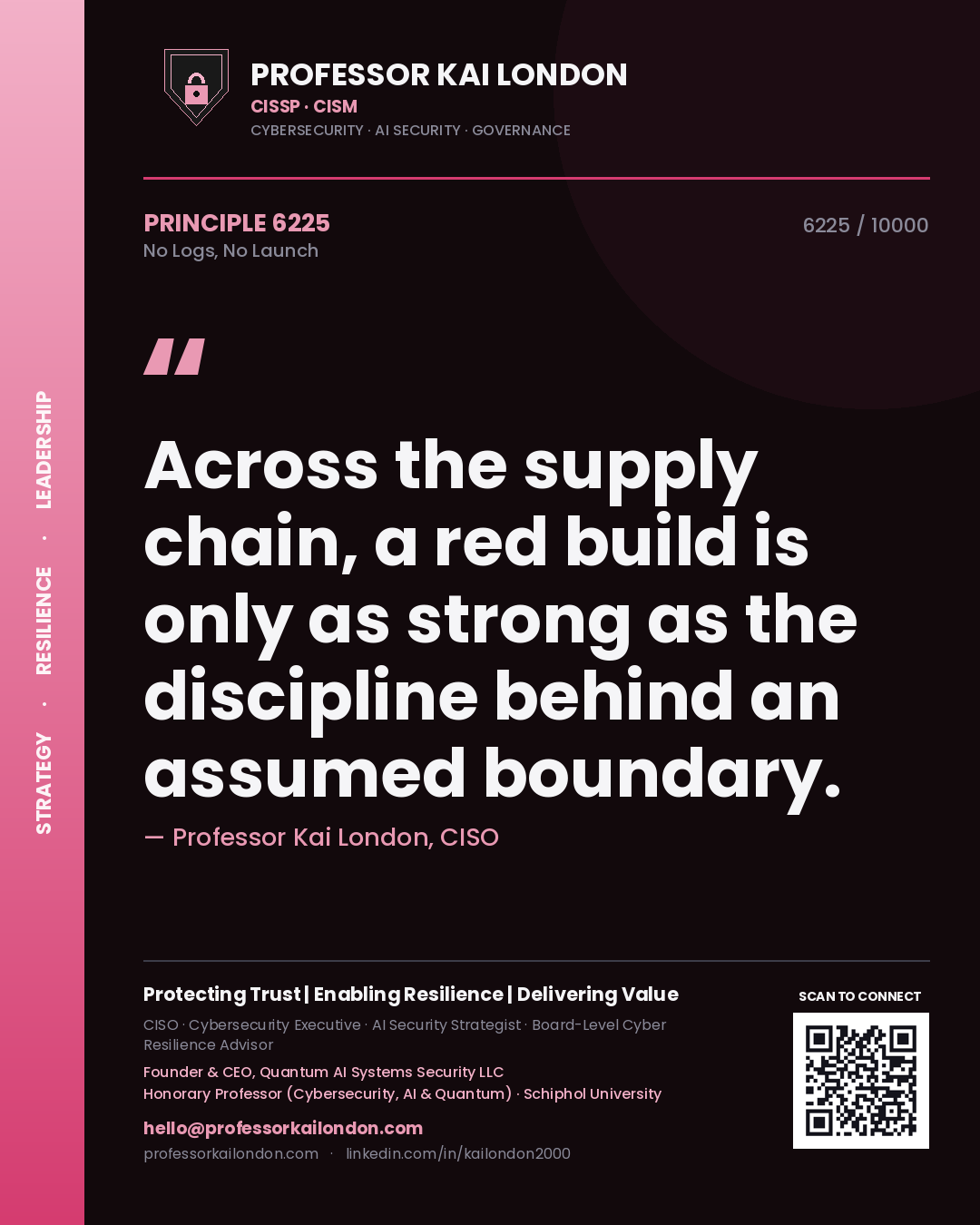 Quote card by Professor Kai London reading 'Across the supply chain, a red build is only as strong as the discipline behind an assumed boundary.'. From the book No Logs, No Launch.