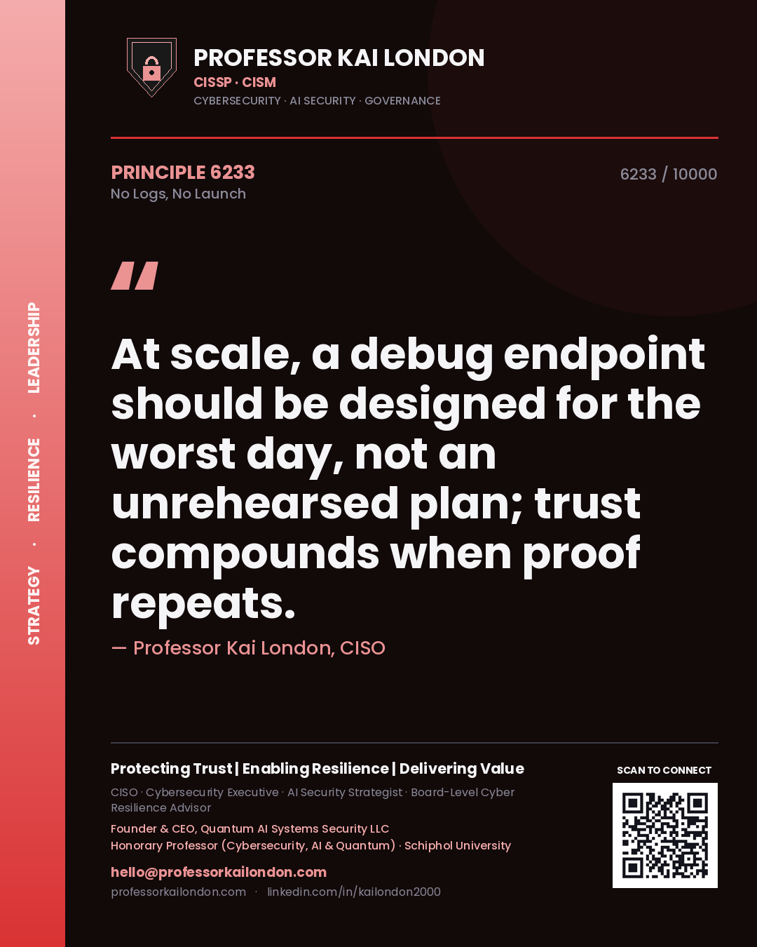 Professor Kai London principle 6233: At scale, a debug endpoint should be designed for the worst day, not an unrehearsed plan; trust compounds when proof repeats.