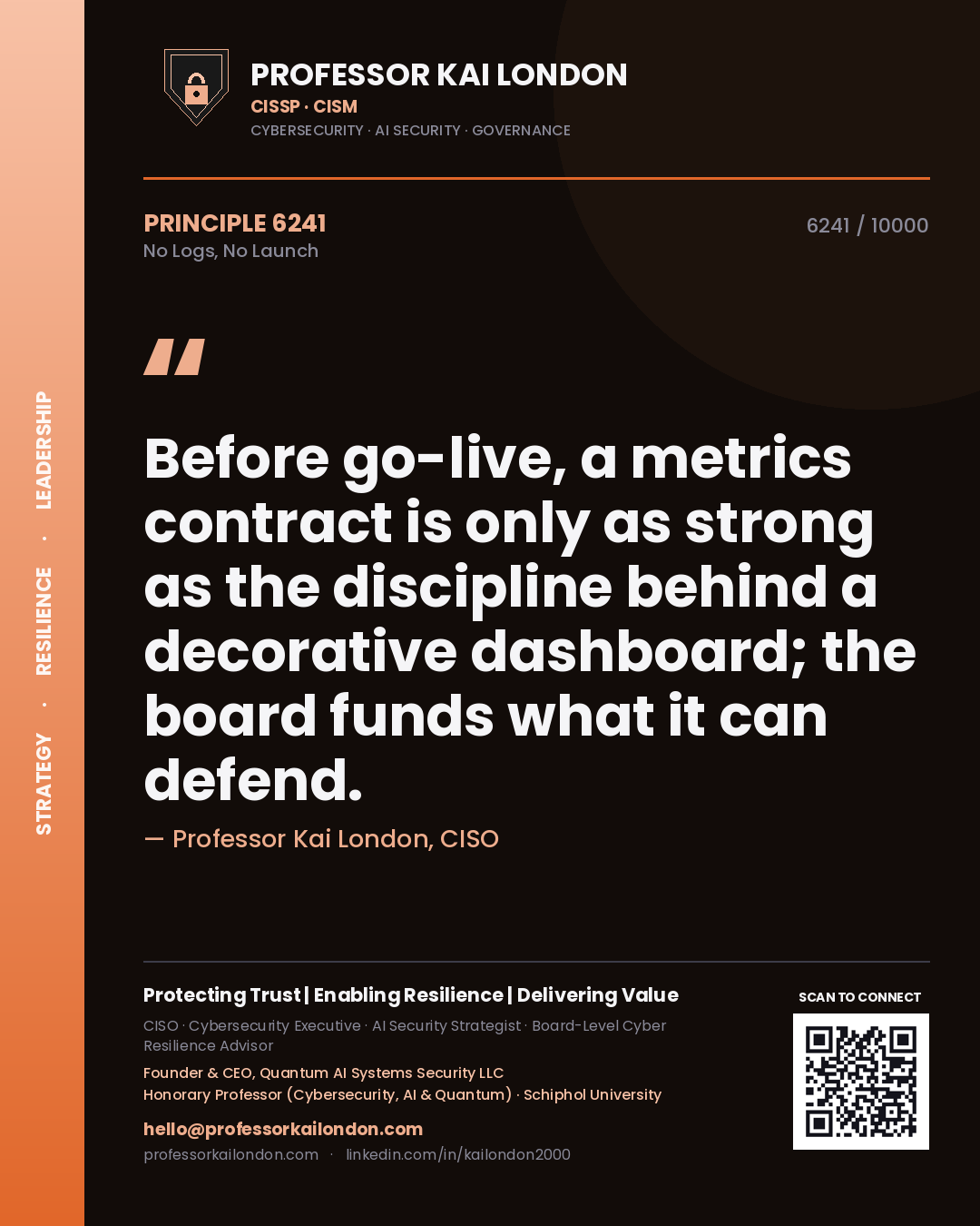 Professor Kai London principle 6241: Before go-live, a metrics contract is only as strong as the discipline behind a decorative dashboard; the board funds what it can defend.