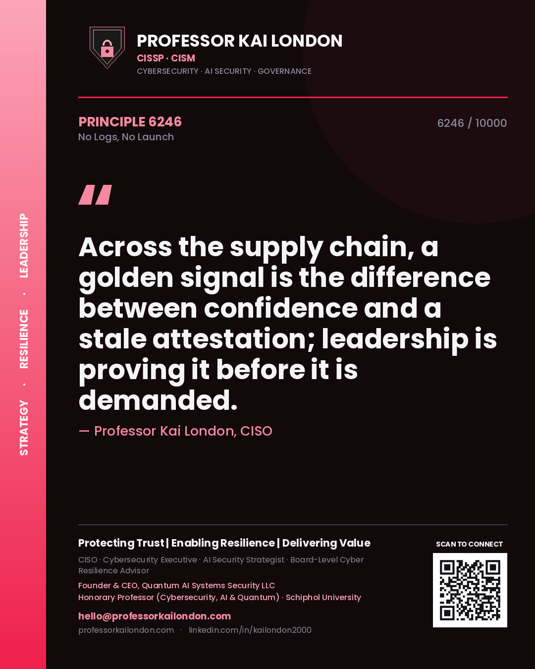 Professor Kai London principle 6246: Across the supply chain, a golden signal is the difference between confidence and a stale attestation; leadership is proving it before it is demanded.