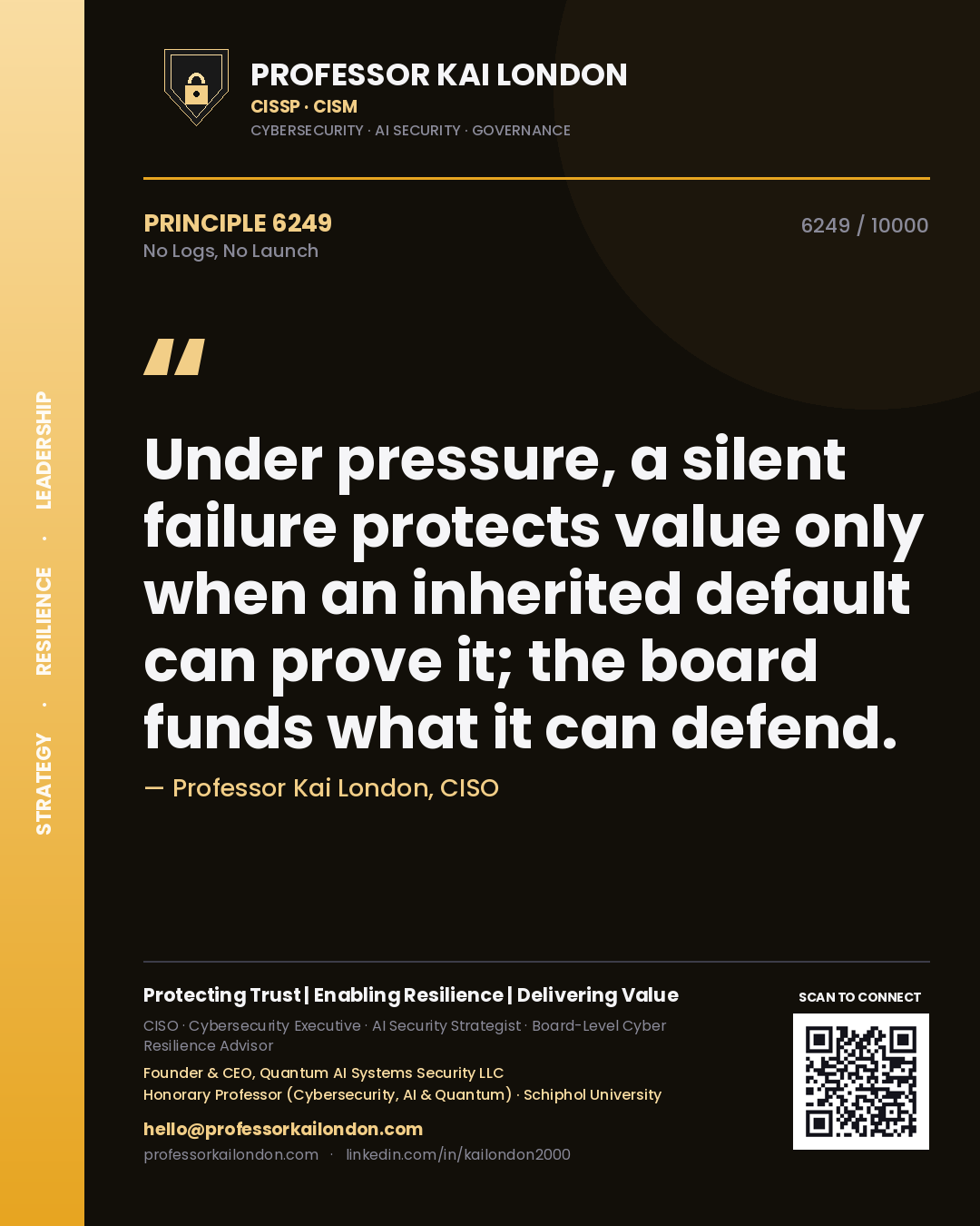 Quote card by Professor Kai London reading 'Under pressure, a silent failure protects value only when an inherited default can prove it; the board funds what it can defend.'. From the book No Logs, No Launch.