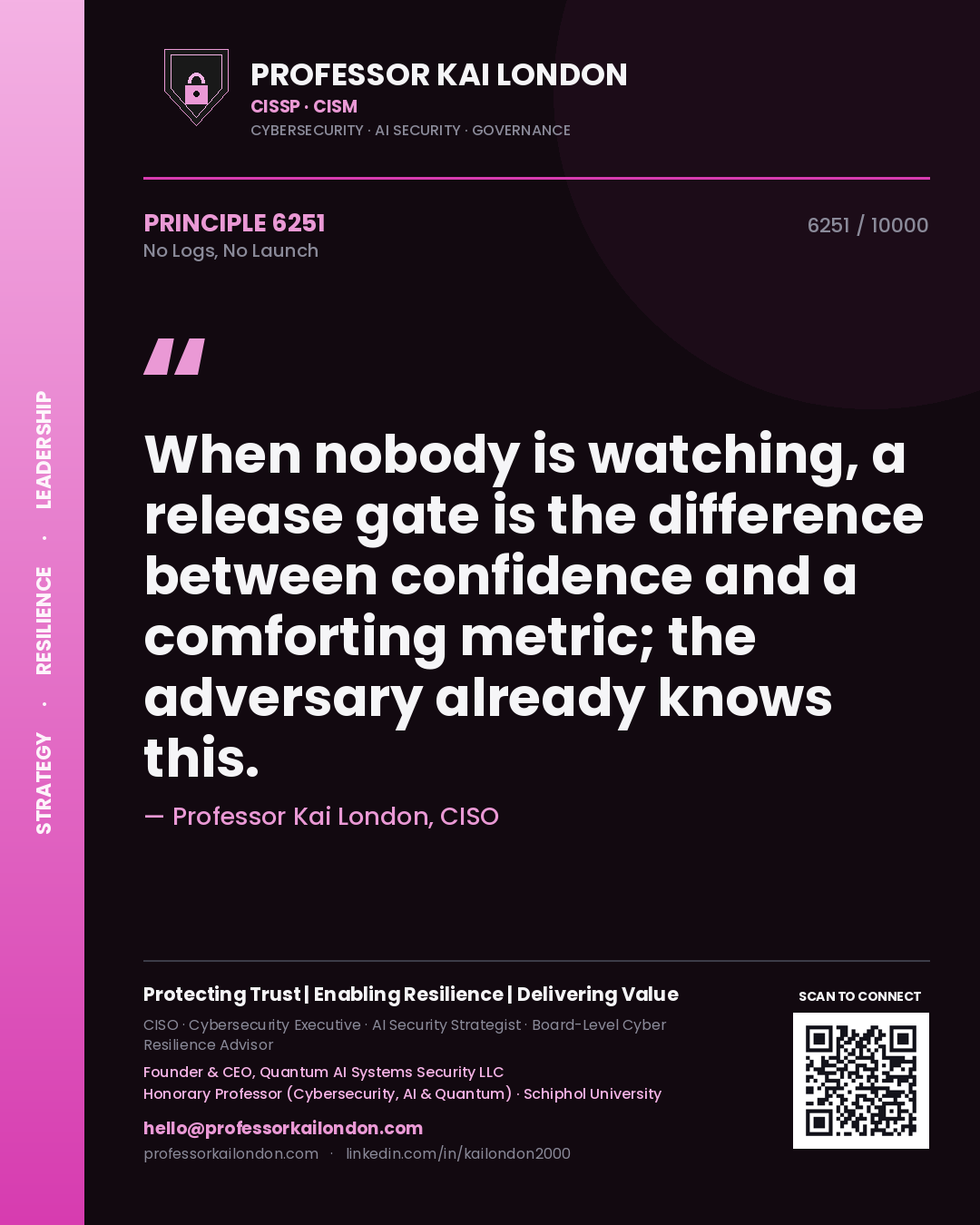 Quote card by Professor Kai London reading 'When nobody is watching, a release gate is the difference between confidence and a comforting metric; the adversary already knows this.'. From the book No Logs, No Launch.