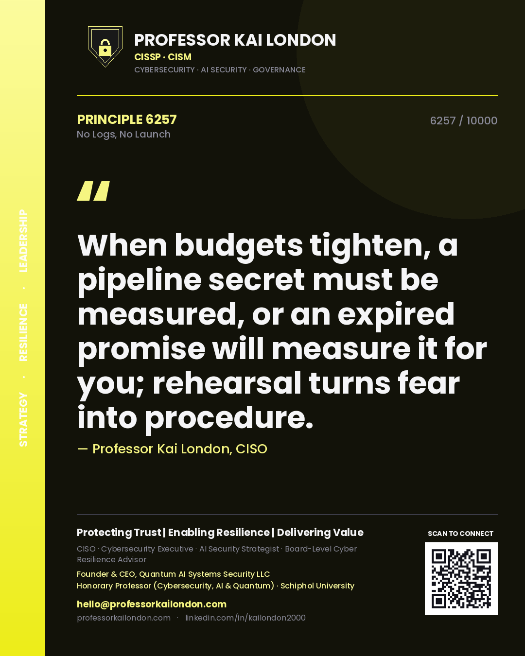 Quote card by Professor Kai London reading 'When budgets tighten, a pipeline secret must be measured, or an expired promise will measure it for you; rehearsal turns fear into procedure.'. From the book No Logs, No Launch.