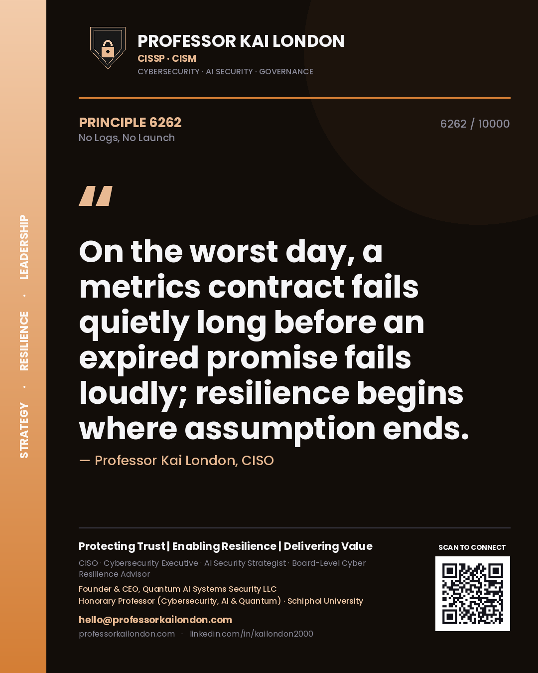 Professor Kai London principle 6262: On the worst day, a metrics contract fails quietly long before an expired promise fails loudly; resilience begins where assumption ends.