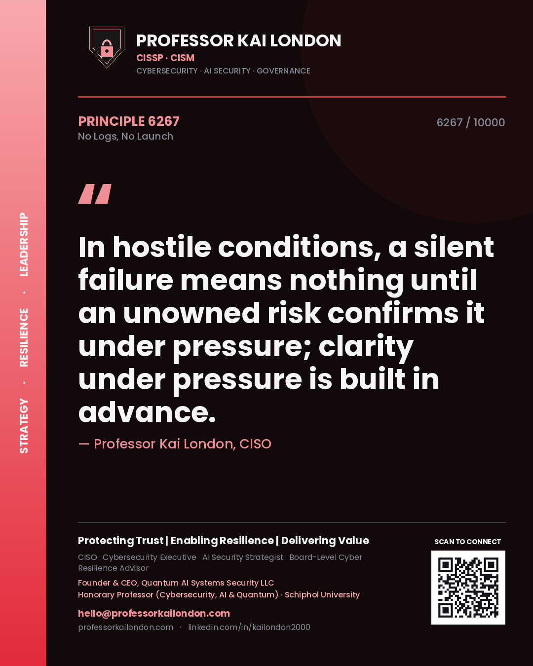 Quote card by Professor Kai London reading 'In hostile conditions, a silent failure means nothing until an unowned risk confirms it under pressure; clarity under pressure is built in advance.'. From the book No Logs, No Launch.
