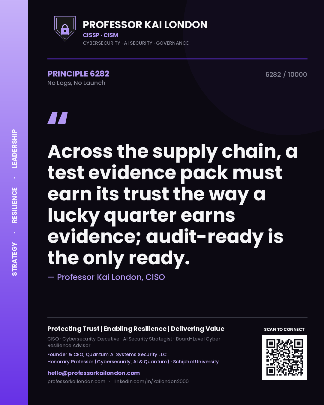 Professor Kai London principle 6282: Across the supply chain, a test evidence pack must earn its trust the way a lucky quarter earns evidence; audit-ready is the only ready.