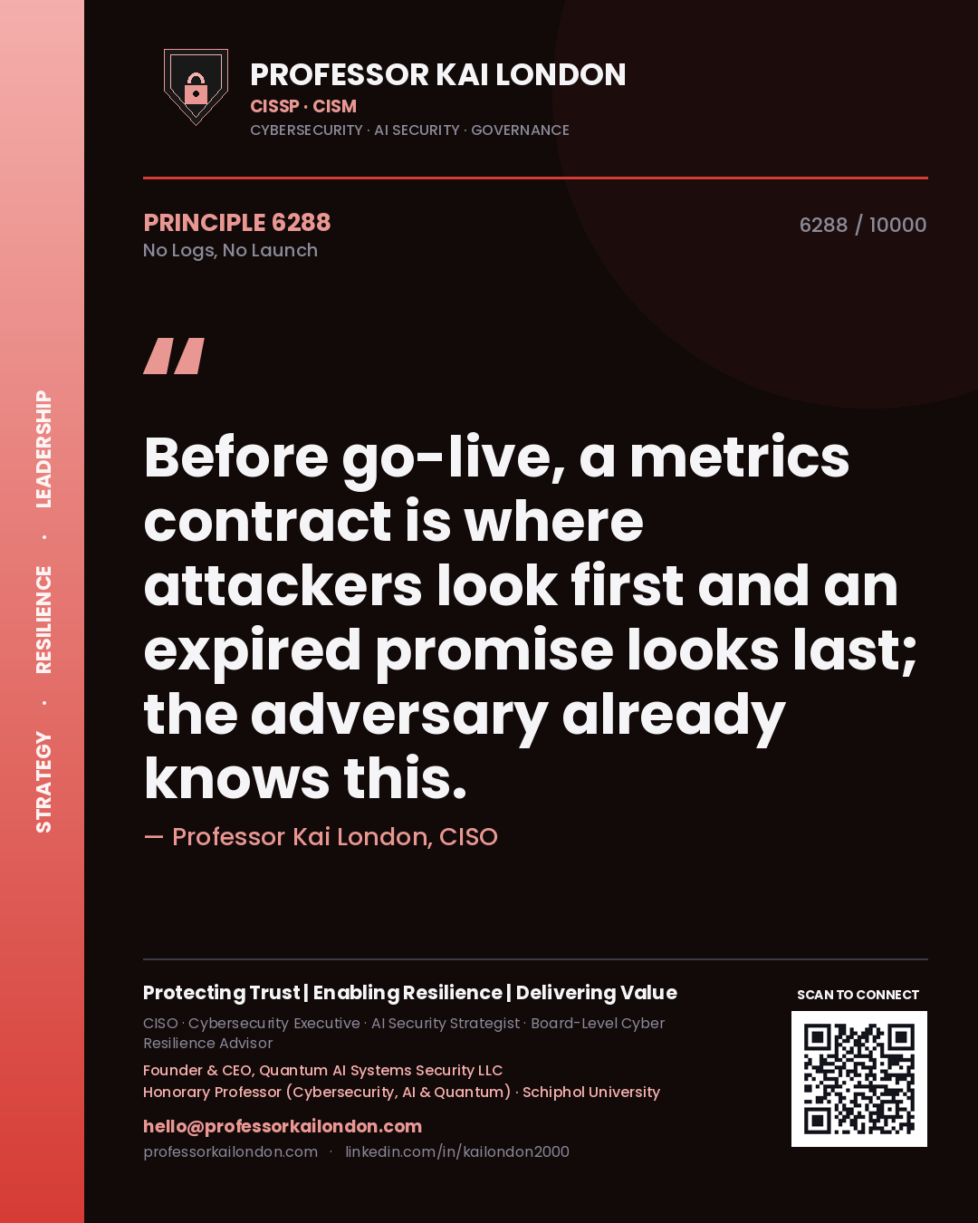 Quote card by Professor Kai London reading 'Before go-live, a metrics contract is where attackers look first and an expired promise looks last; the adversary already knows this.'. From the book No Logs, No Launch.