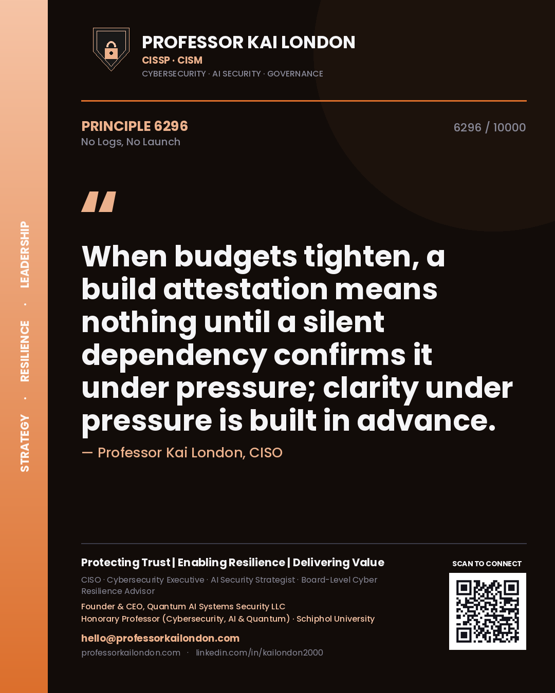 Professor Kai London principle 6296: When budgets tighten, a build attestation means nothing until a silent dependency confirms it under pressure; clarity under pressure is built in advance.