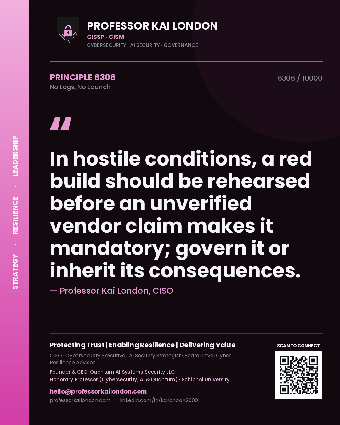 Quote card by Professor Kai London reading 'In hostile conditions, a red build should be rehearsed before an unverified vendor claim makes it mandatory; govern it or inherit its consequences.'. From the book No Logs, No Launch.