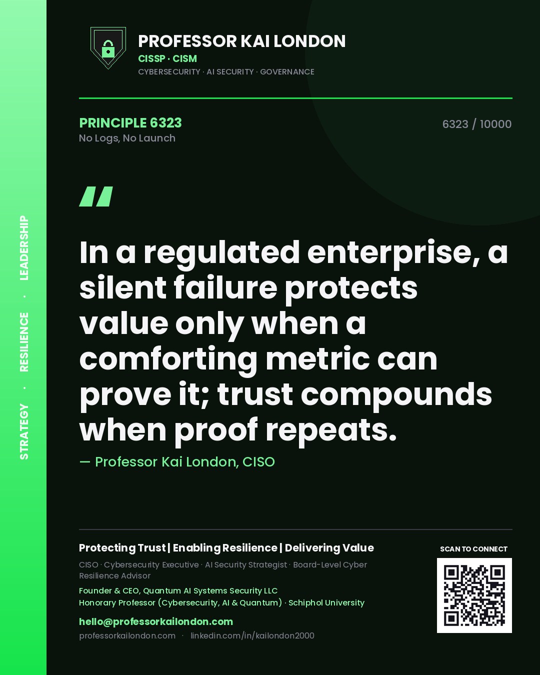 Professor Kai London principle 6323: In a regulated enterprise, a silent failure protects value only when a comforting metric can prove it; trust compounds when proof repeats.
