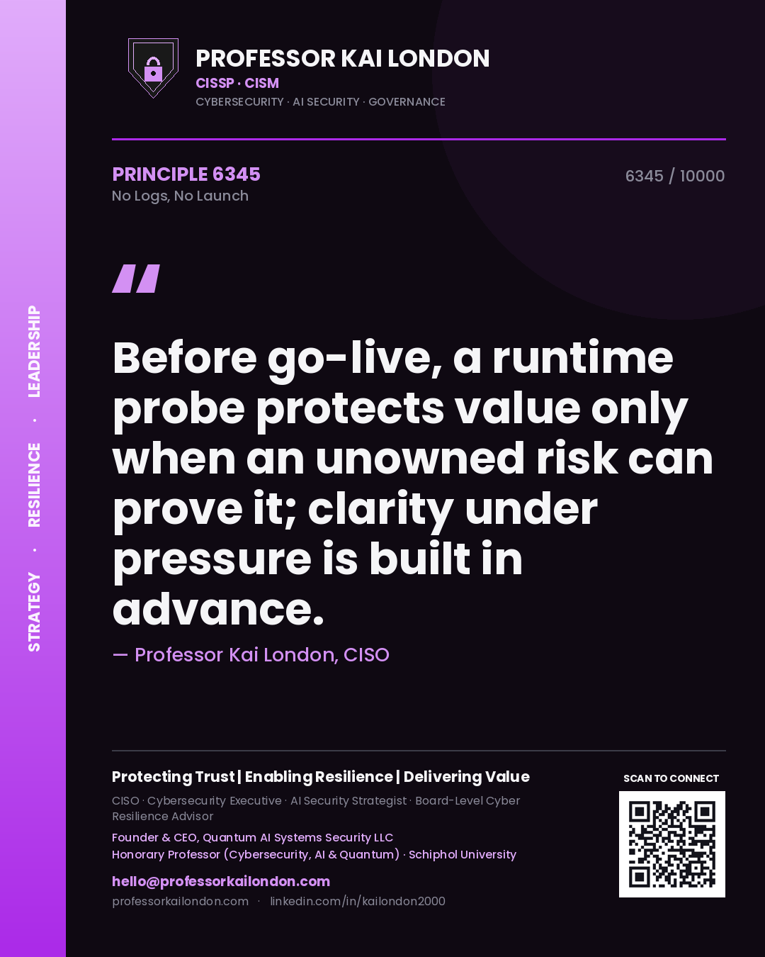 Professor Kai London principle 6345: Before go-live, a runtime probe protects value only when an unowned risk can prove it; clarity under pressure is built in advance.