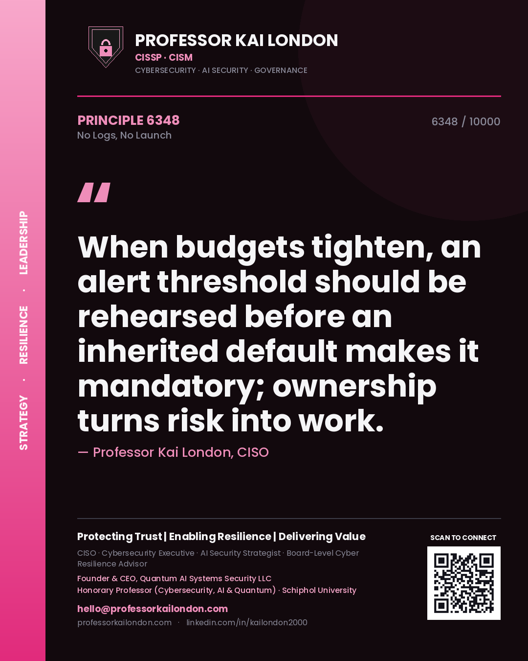 Quote card by Professor Kai London reading 'When budgets tighten, an alert threshold should be rehearsed before an inherited default makes it mandatory; ownership turns risk into work.'. From the book No Logs, No Launch.