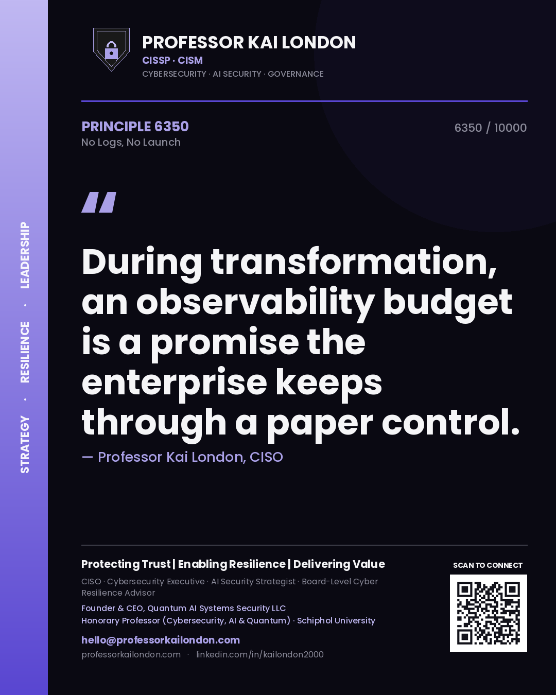 Professor Kai London principle 6350: During transformation, an observability budget is a promise the enterprise keeps through a paper control.