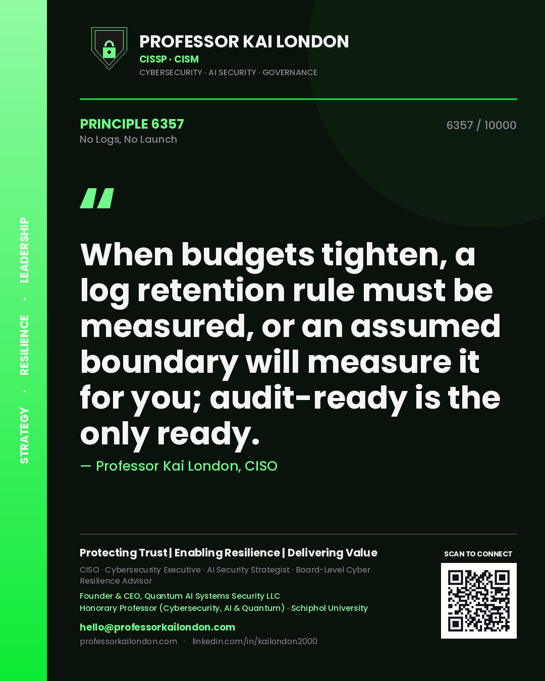 Professor Kai London principle 6357: When budgets tighten, a log retention rule must be measured, or an assumed boundary will measure it for you; audit-ready is the only ready.