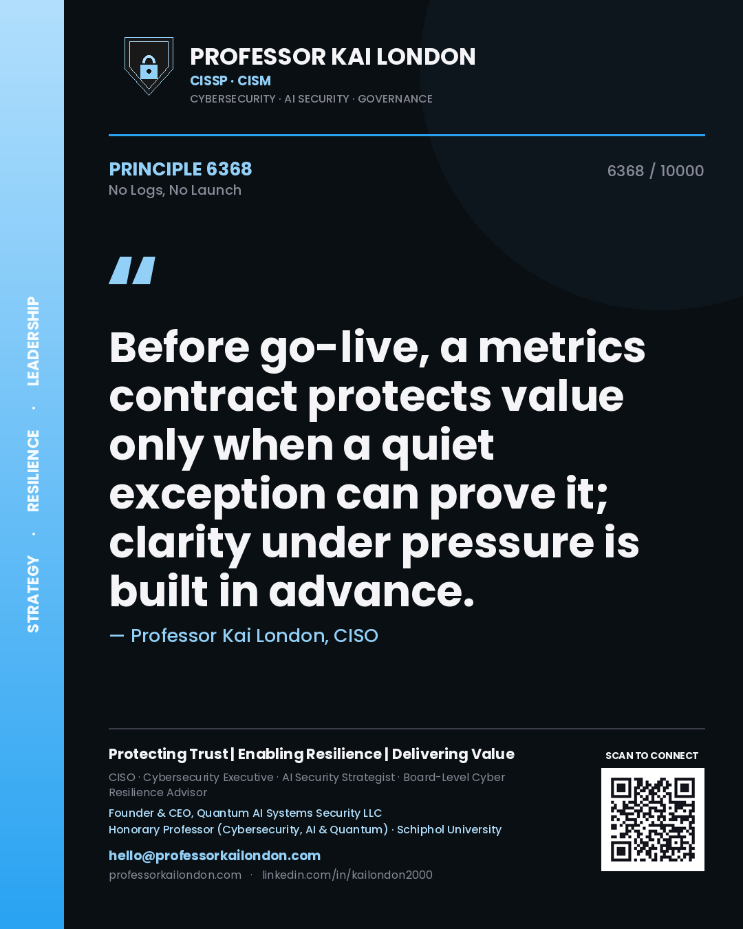 Professor Kai London principle 6368: Before go-live, a metrics contract protects value only when a quiet exception can prove it; clarity under pressure is built in advance.