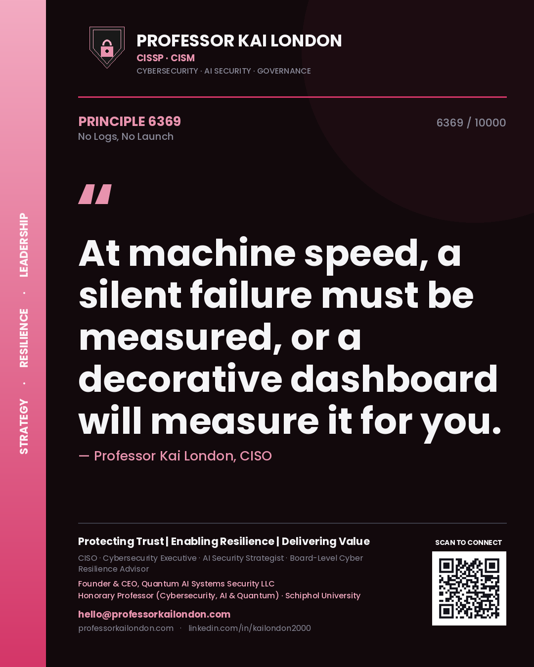 Quote card by Professor Kai London reading 'At machine speed, a silent failure must be measured, or a decorative dashboard will measure it for you.'. From the book No Logs, No Launch.