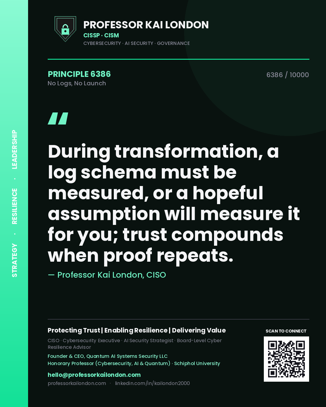 Quote card by Professor Kai London reading 'During transformation, a log schema must be measured, or a hopeful assumption will measure it for you; trust compounds when proof repeats.'. From the book No Logs, No Launch.
