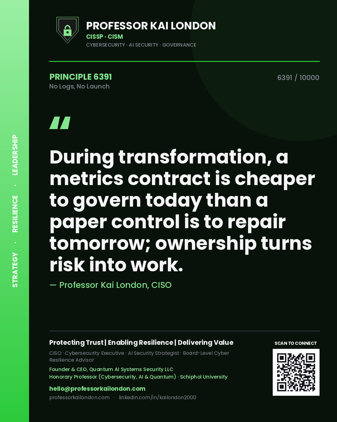 Professor Kai London principle 6391: During transformation, a metrics contract is cheaper to govern today than a paper control is to repair tomorrow; ownership turns risk into work.