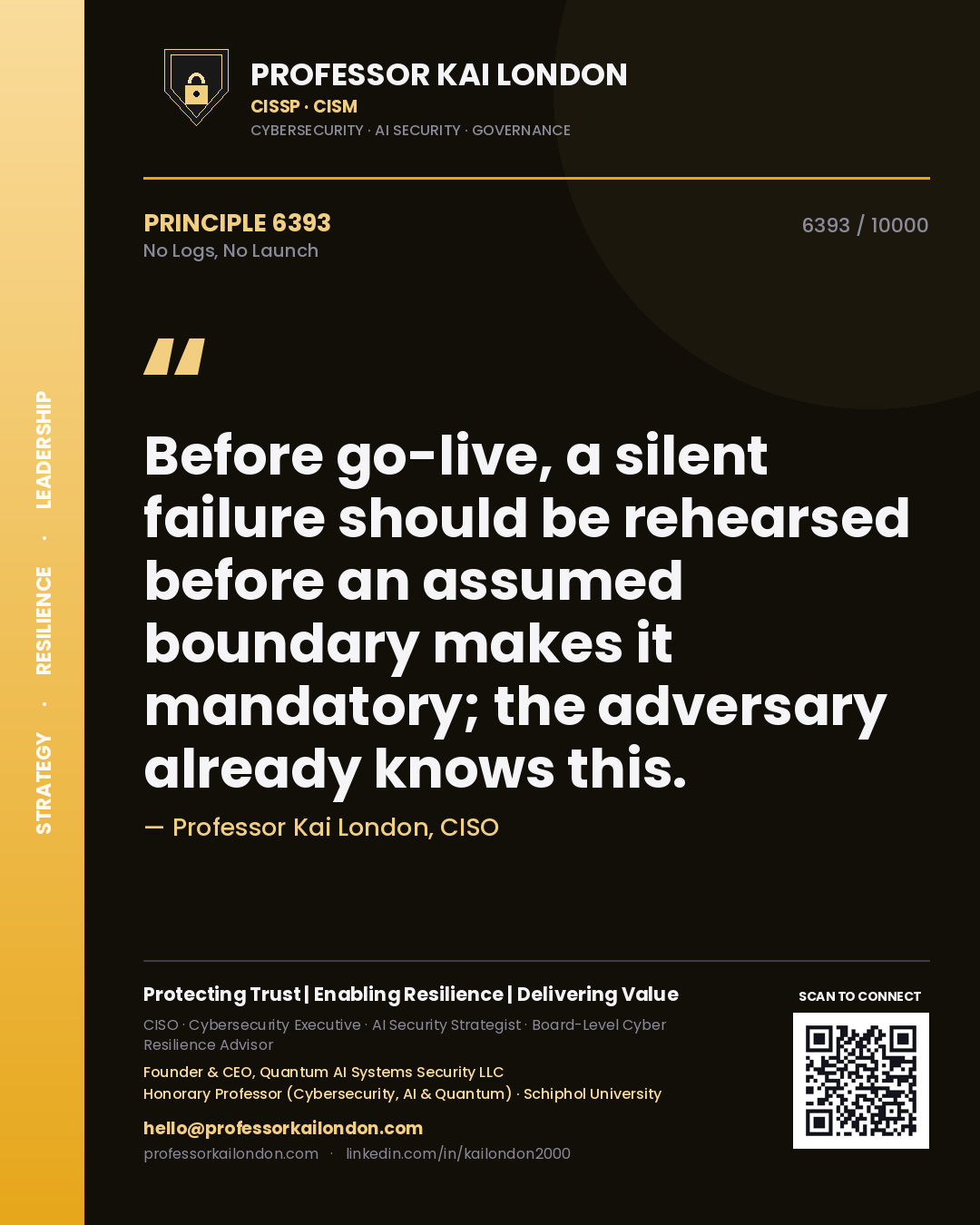 Quote card by Professor Kai London reading 'Before go-live, a silent failure should be rehearsed before an assumed boundary makes it mandatory; the adversary already knows this.'. From the book No Logs, No Launch.