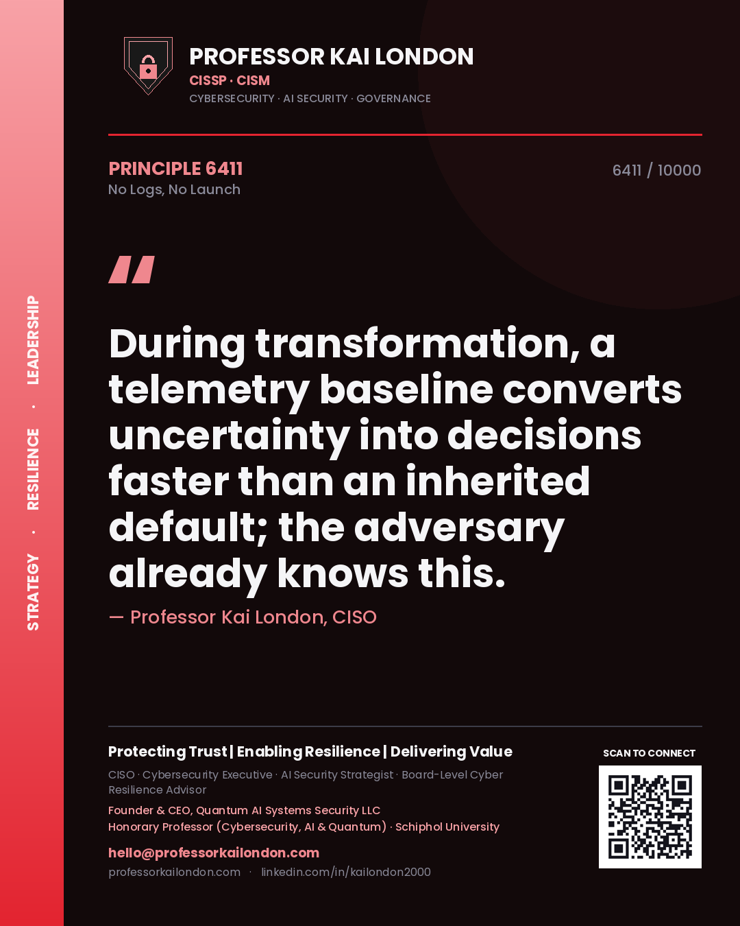 Professor Kai London principle 6411: During transformation, a telemetry baseline converts uncertainty into decisions faster than an inherited default; the adversary already knows this.