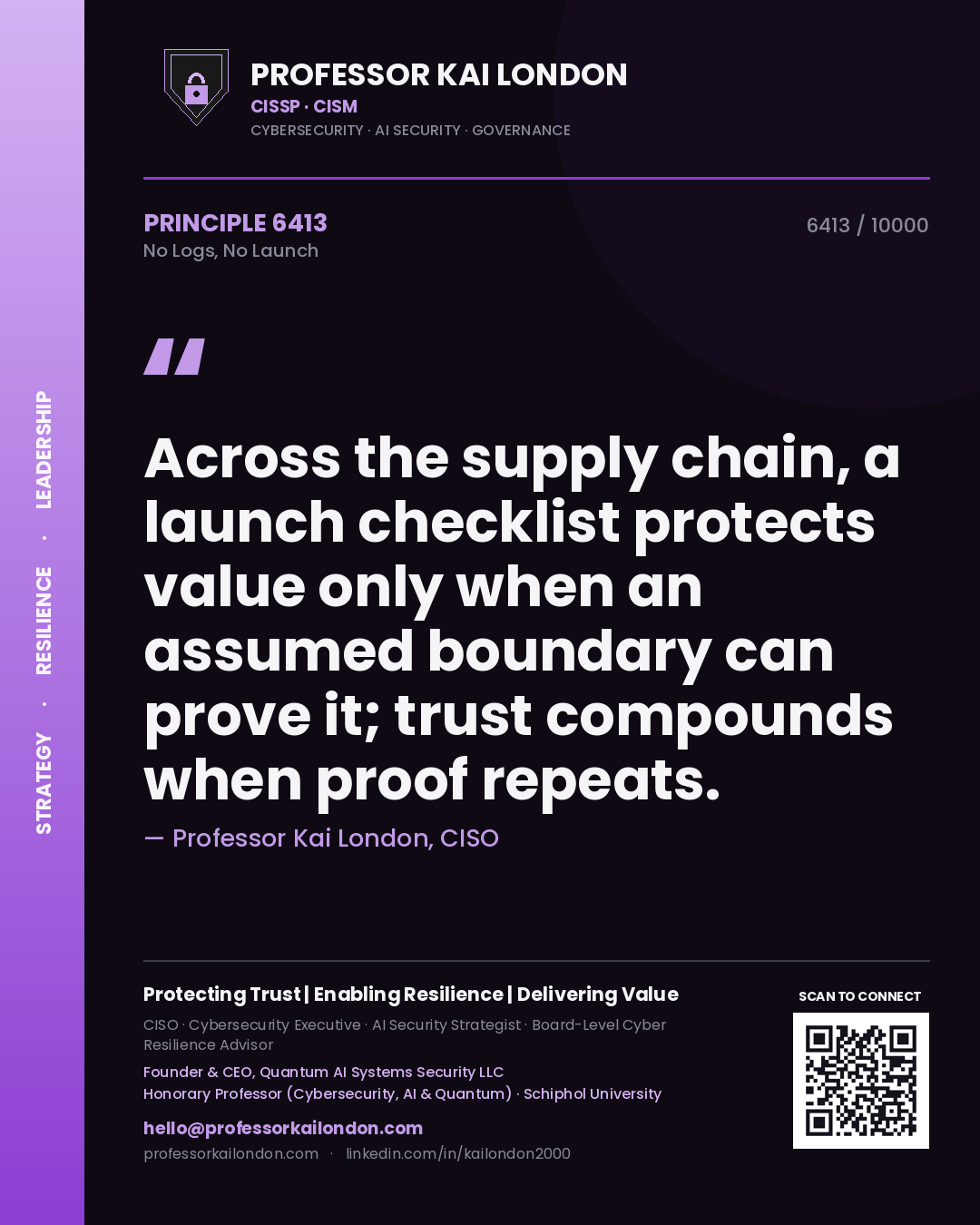 Professor Kai London principle 6413: Across the supply chain, a launch checklist protects value only when an assumed boundary can prove it; trust compounds when proof repeats.