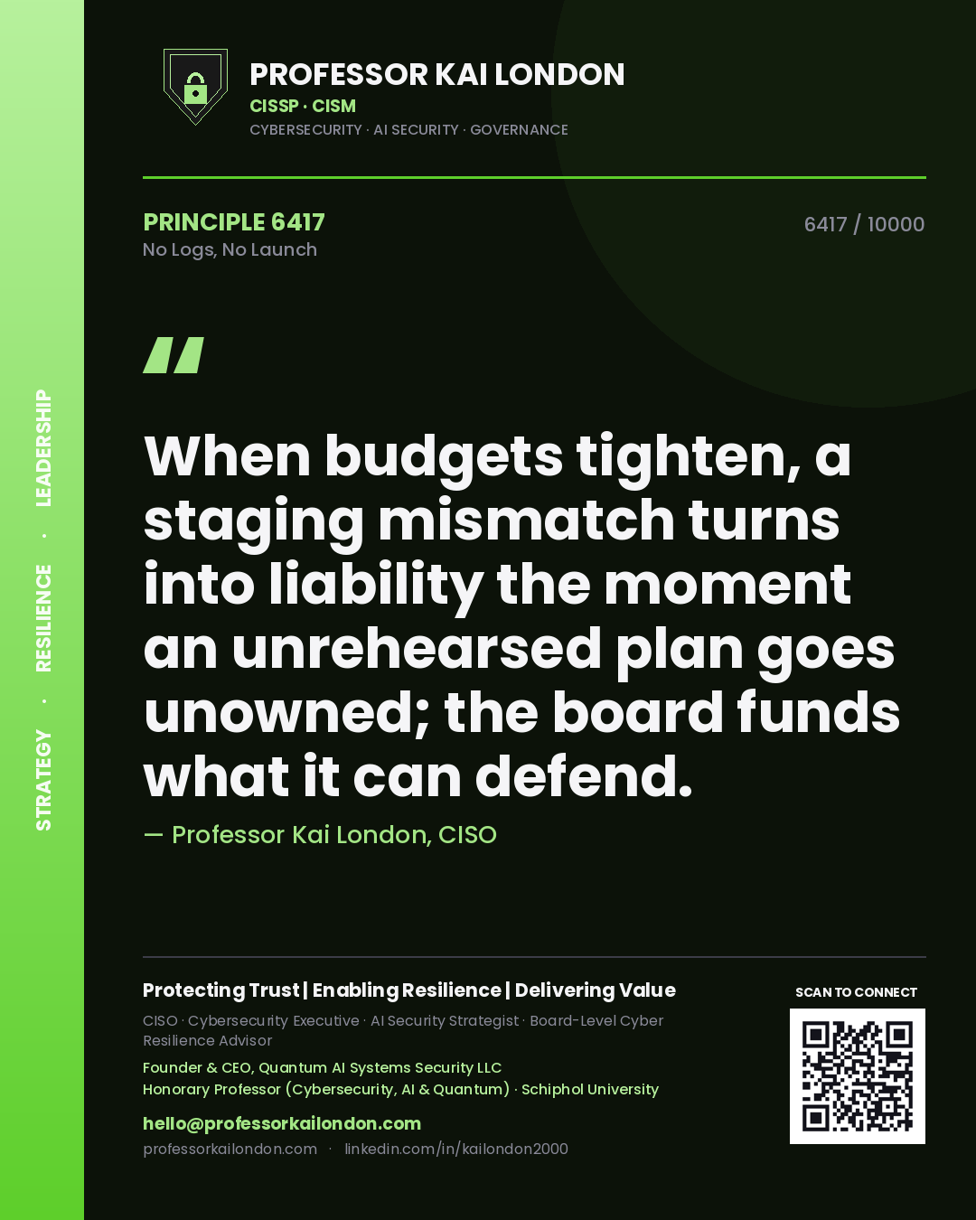 Professor Kai London principle 6417: When budgets tighten, a staging mismatch turns into liability the moment an unrehearsed plan goes unowned; the board funds what it can defend.