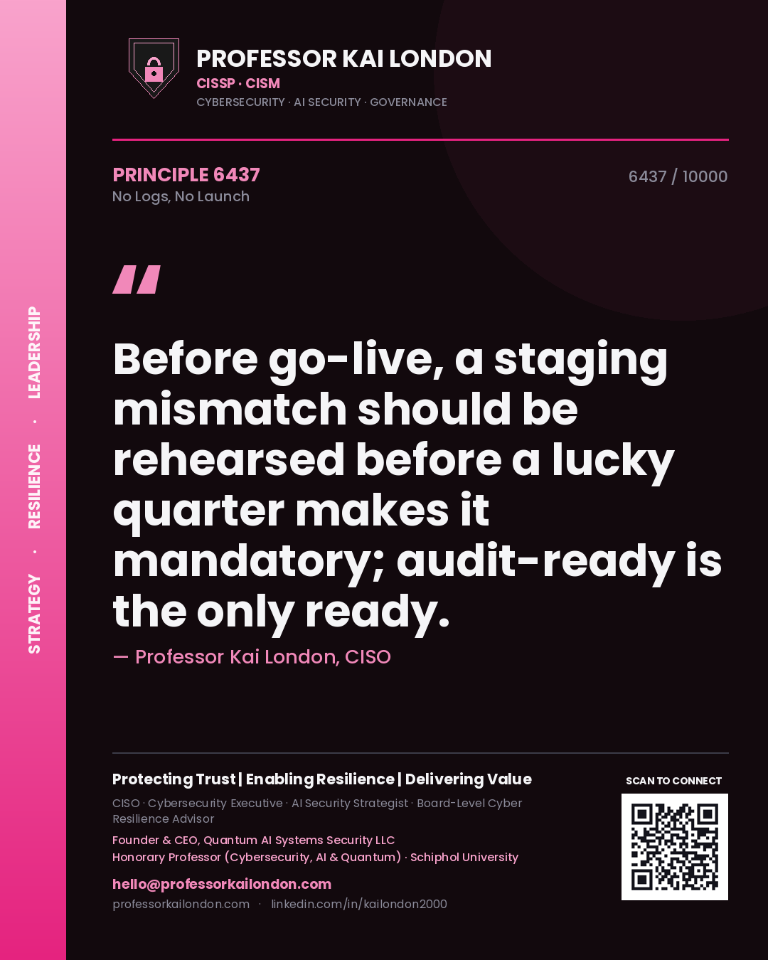Quote card by Professor Kai London reading 'Before go-live, a staging mismatch should be rehearsed before a lucky quarter makes it mandatory; audit-ready is the only ready.'. From the book No Logs, No Launch.
