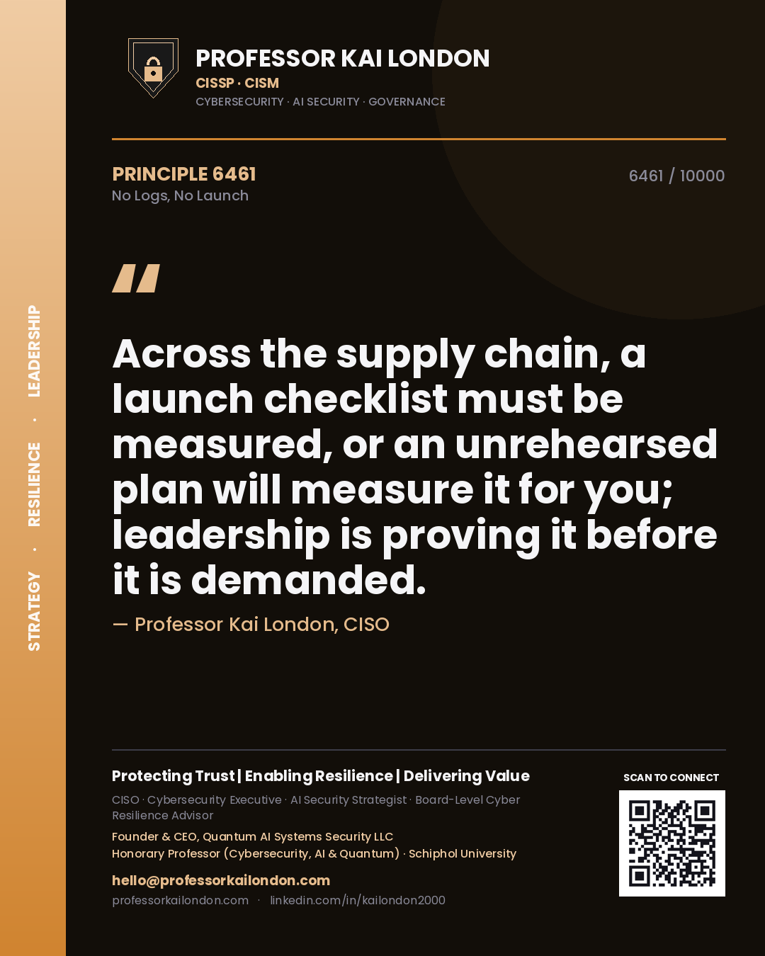 Professor Kai London principle 6461: Across the supply chain, a launch checklist must be measured, or an unrehearsed plan will measure it for you; leadership is proving it before it is demanded.