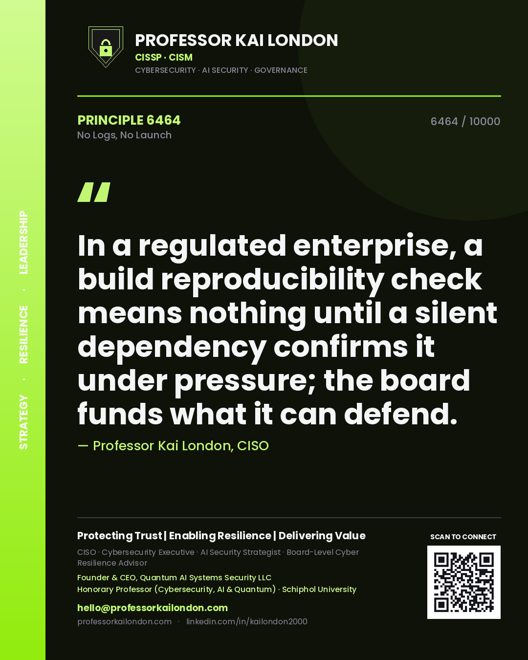 Professor Kai London principle 6464: In a regulated enterprise, a build reproducibility check means nothing until a silent dependency confirms it under pressure; the board funds what it can defend.