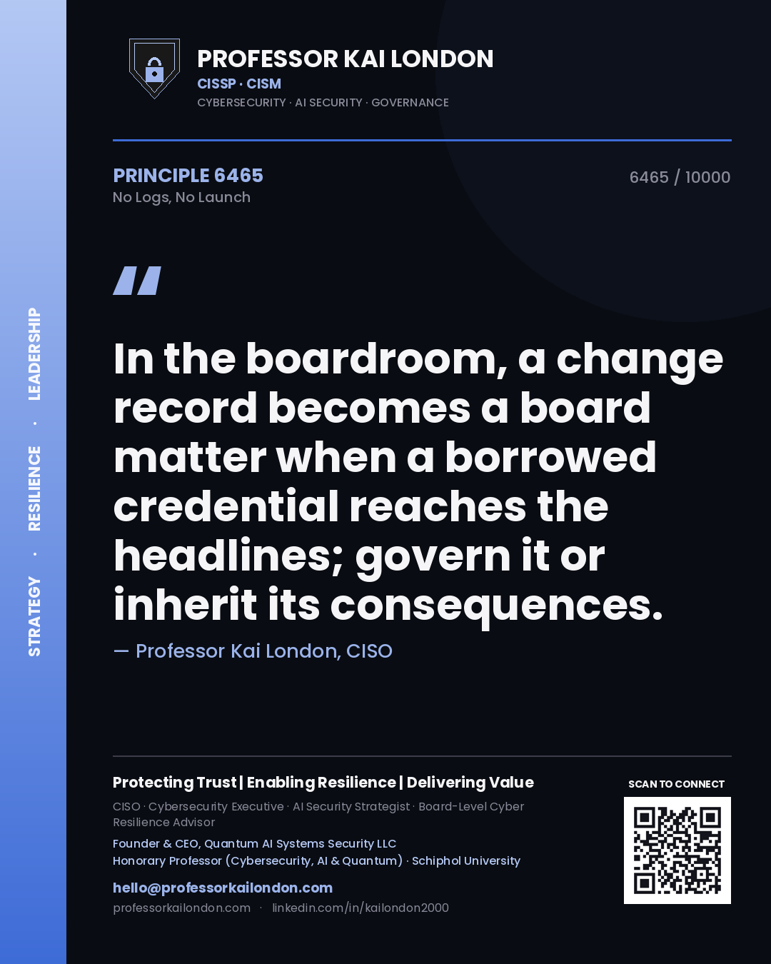 Professor Kai London principle 6465: In the boardroom, a change record becomes a board matter when a borrowed credential reaches the headlines; govern it or inherit its consequences.